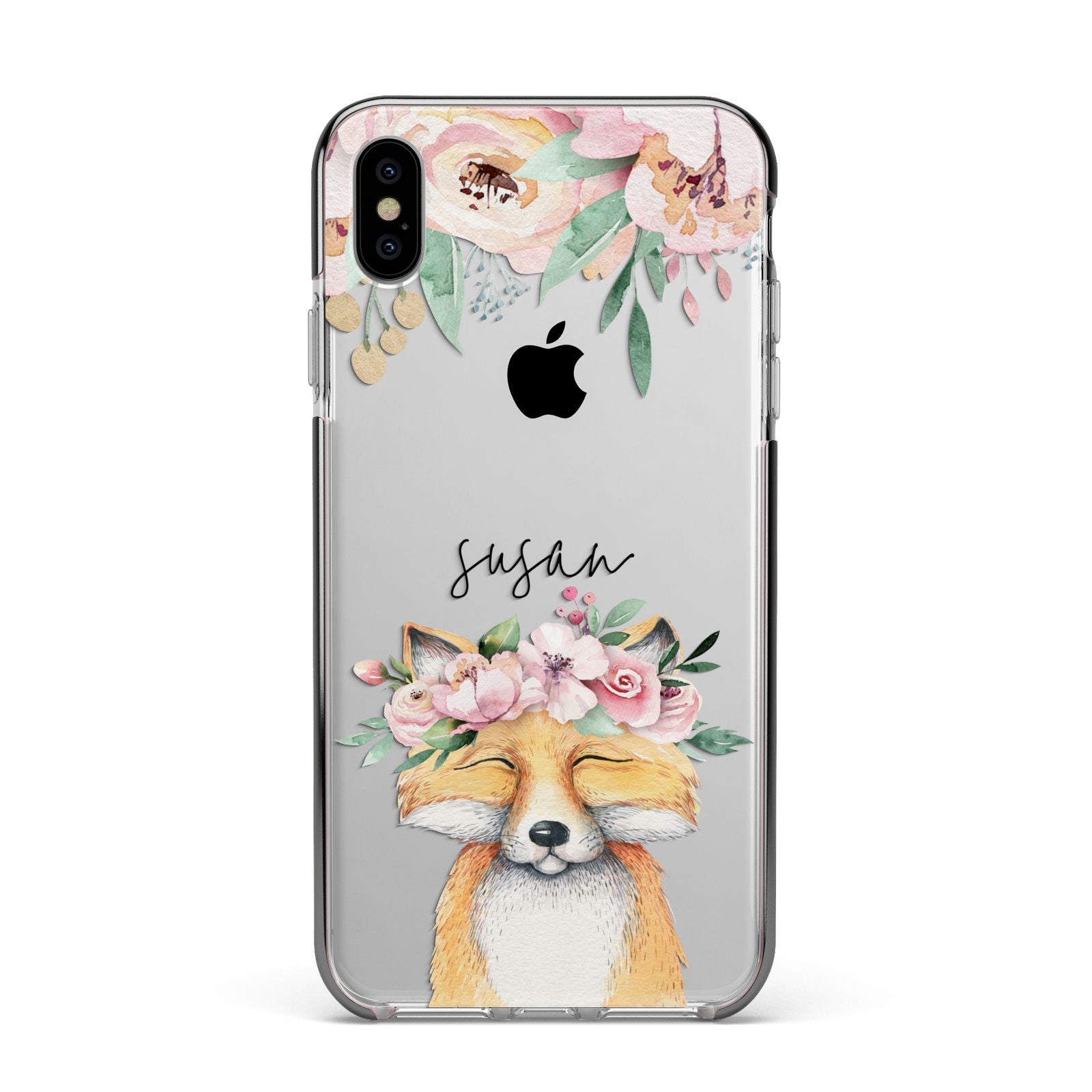 Personalised Fox Apple iPhone Xs Max Impact Case Black Edge on Silver Phone