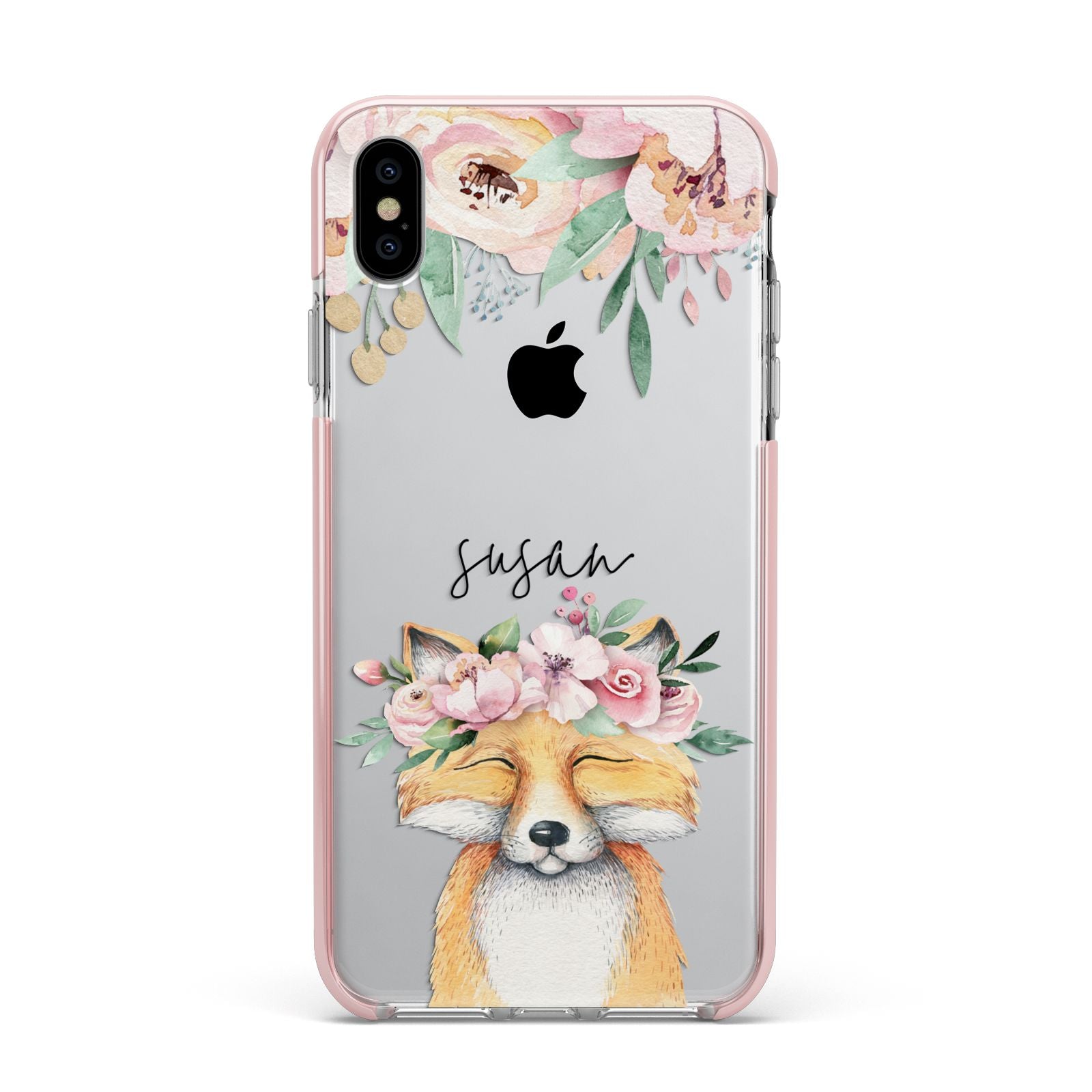 Personalised Fox Apple iPhone Xs Max Impact Case Pink Edge on Silver Phone