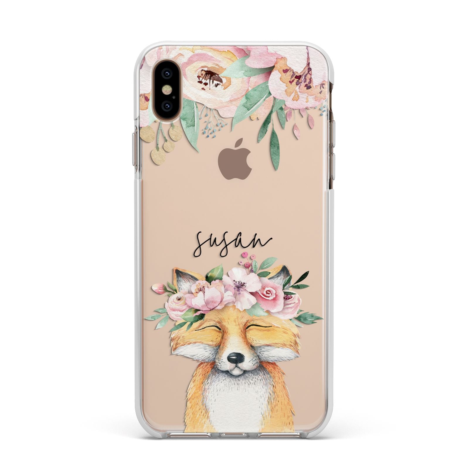 Personalised Fox Apple iPhone Xs Max Impact Case White Edge on Gold Phone