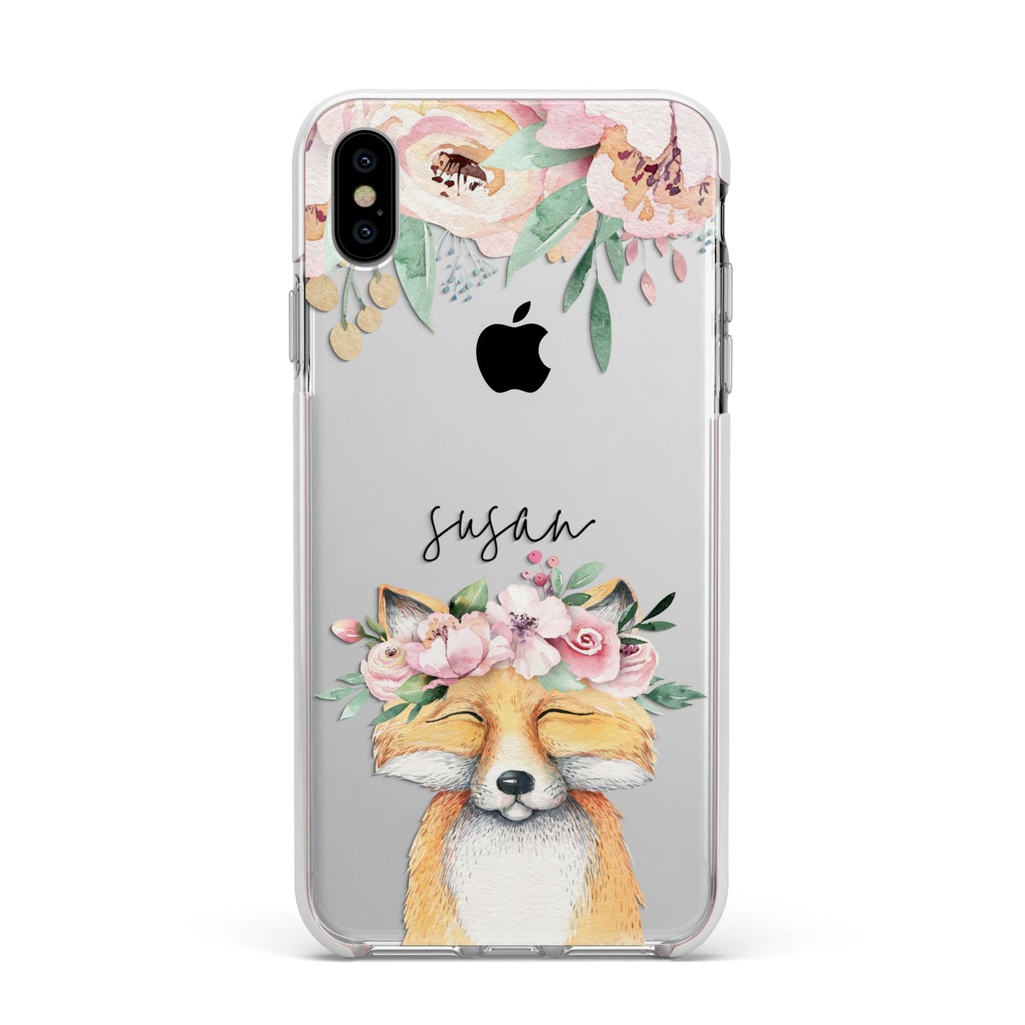 Personalised Fox Apple iPhone Xs Max Impact Case White Edge on Silver Phone