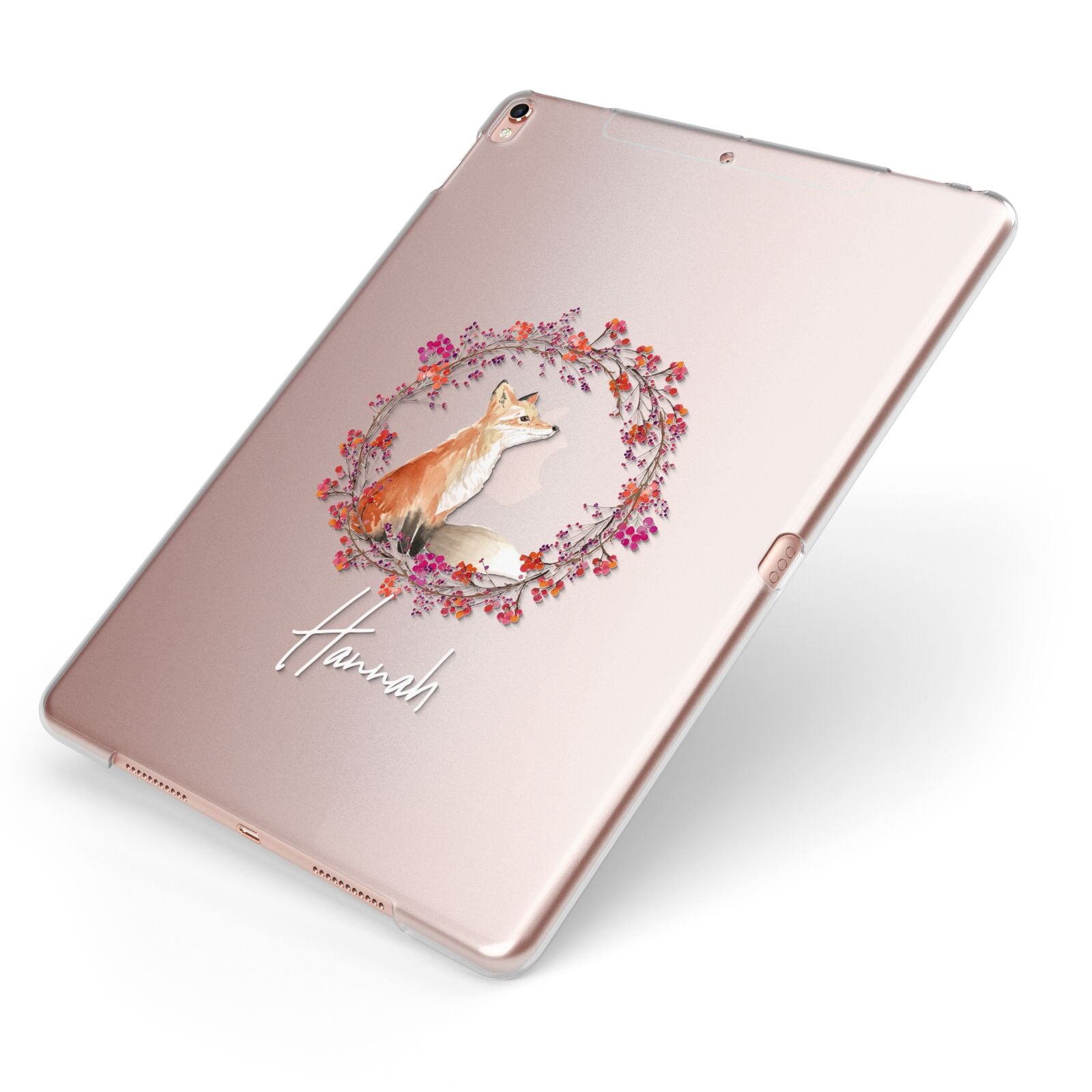 Personalised Fox Christmas Wreath Apple iPad Case on Rose Gold iPad Side View