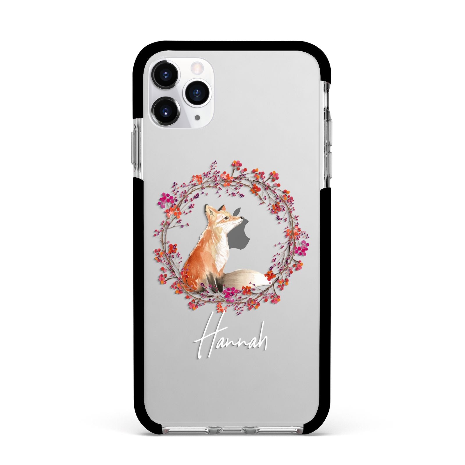 Personalised Fox Christmas Wreath Apple iPhone 11 Pro Max in Silver with Black Impact Case