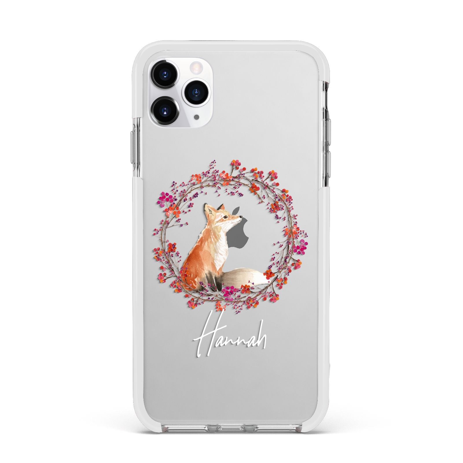 Personalised Fox Christmas Wreath Apple iPhone 11 Pro Max in Silver with White Impact Case