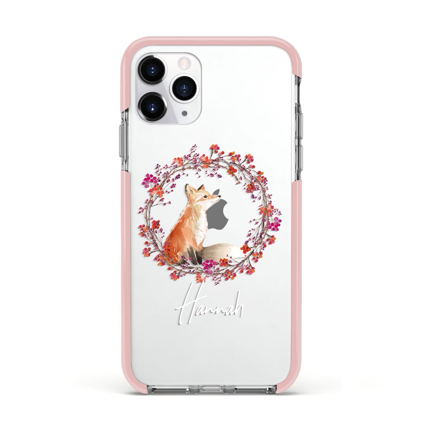 Personalised Fox Christmas Wreath Apple iPhone 11 Pro in Silver with Pink Impact Case