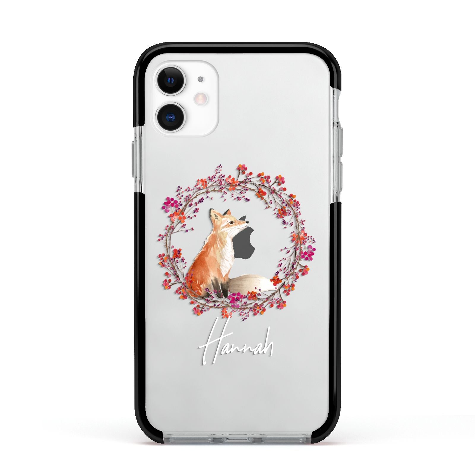 Personalised Fox Christmas Wreath Apple iPhone 11 in White with Black Impact Case