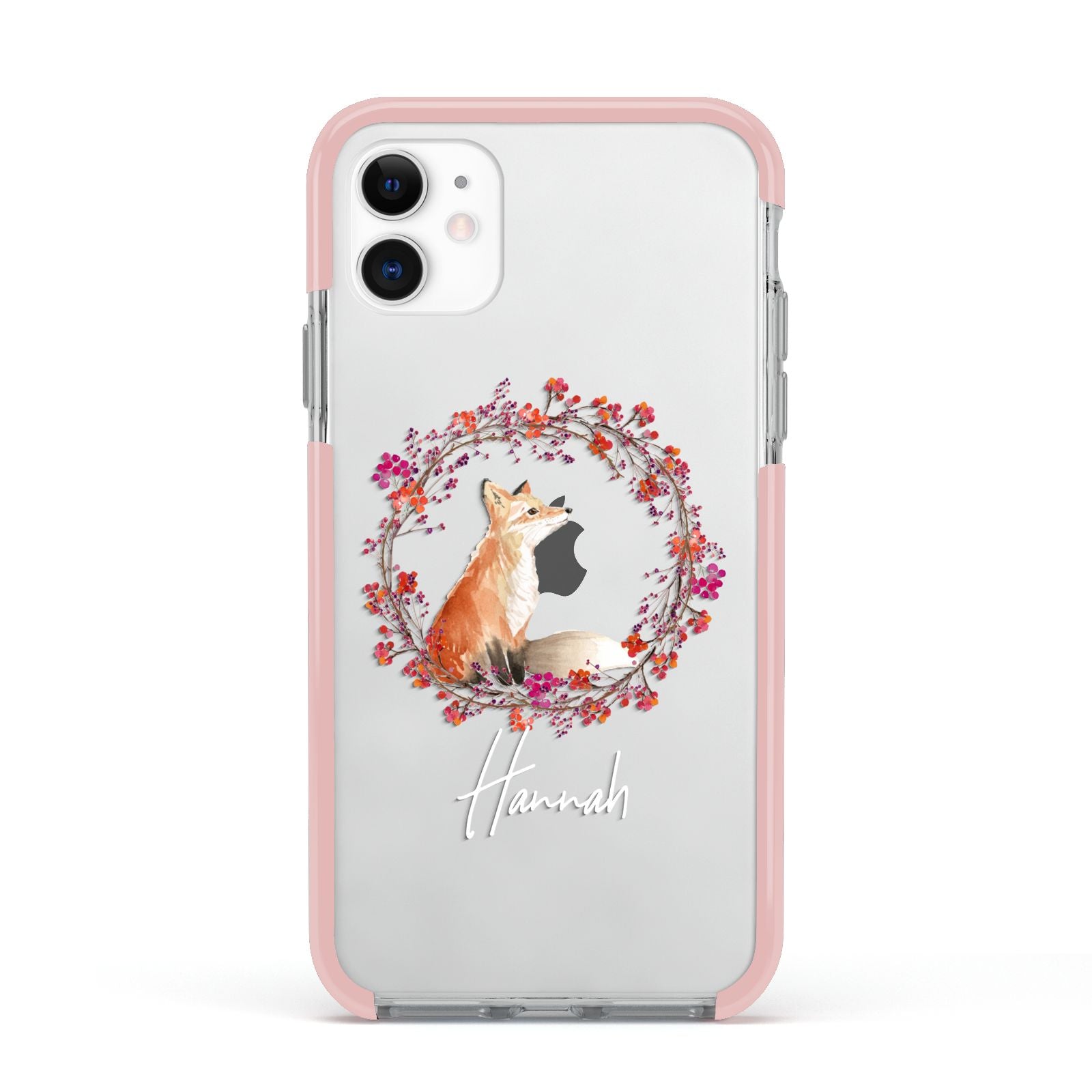 Personalised Fox Christmas Wreath Apple iPhone 11 in White with Pink Impact Case