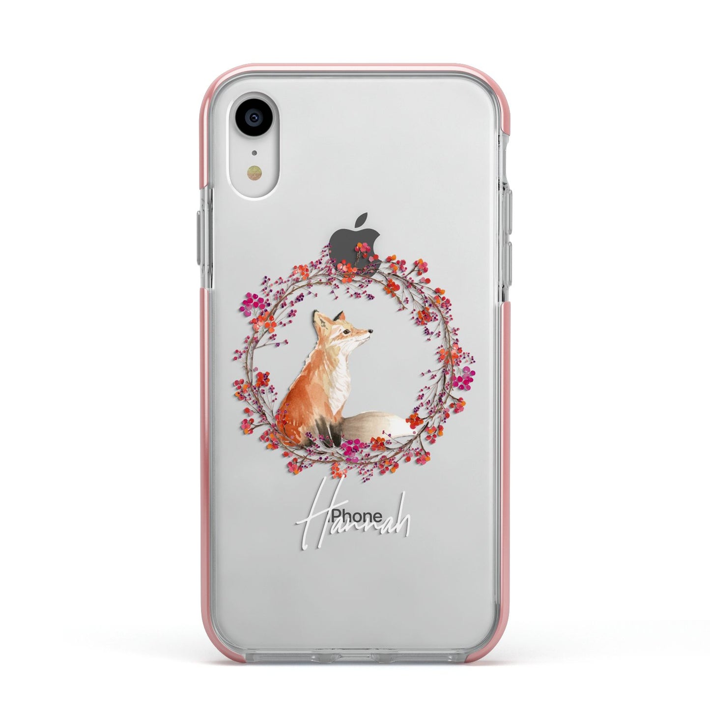 Personalised Fox Christmas Wreath Apple iPhone XR Impact Case Pink Edge on Silver Phone