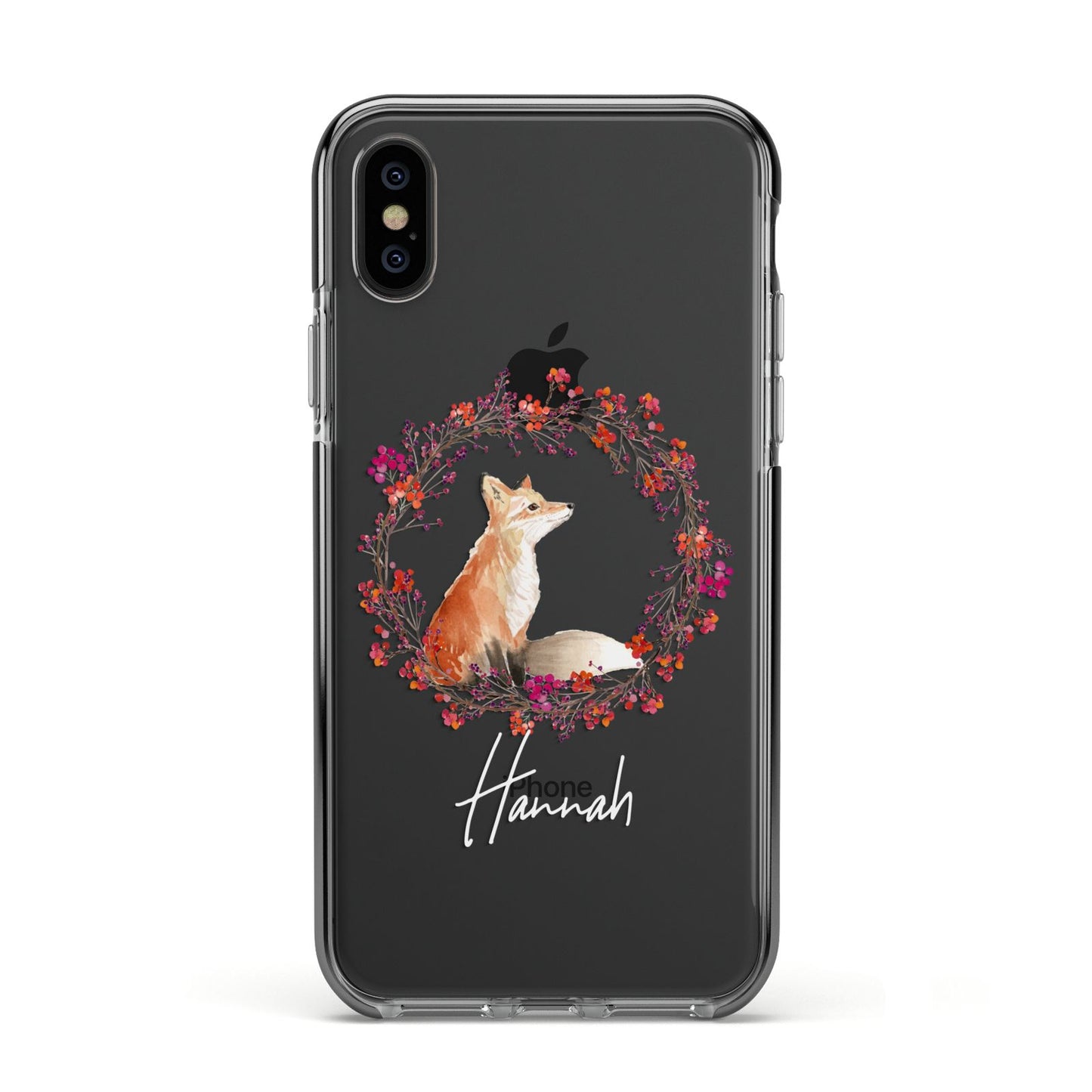 Personalised Fox Christmas Wreath Apple iPhone Xs Impact Case Black Edge on Black Phone