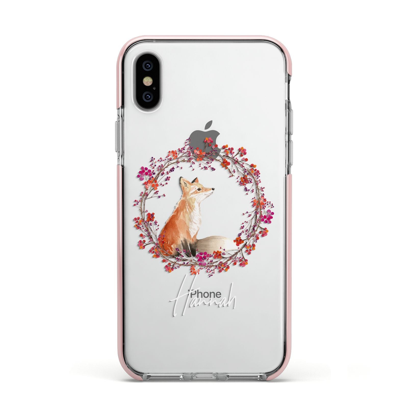 Personalised Fox Christmas Wreath Apple iPhone Xs Impact Case Pink Edge on Silver Phone