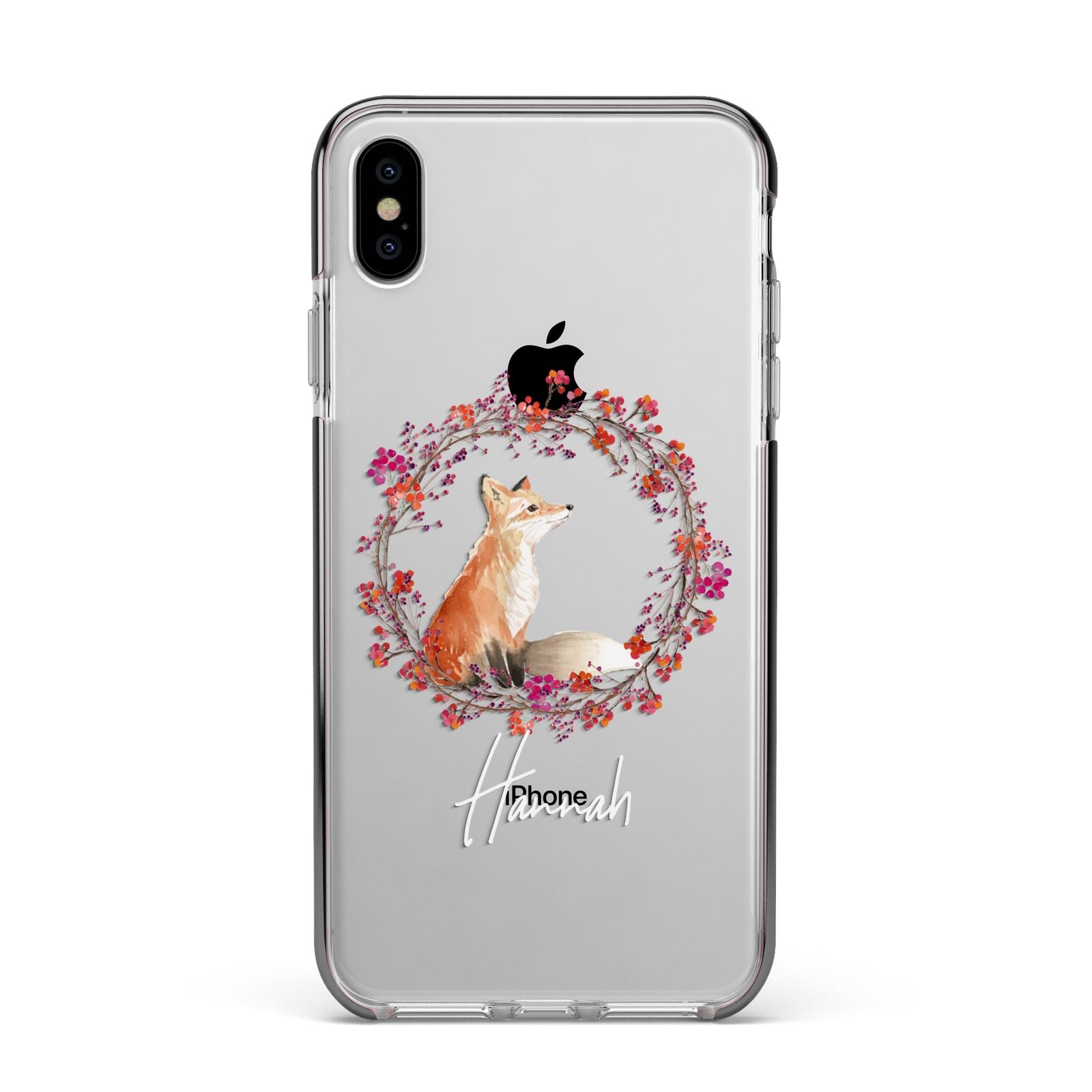 Personalised Fox Christmas Wreath Apple iPhone Xs Max Impact Case Black Edge on Silver Phone
