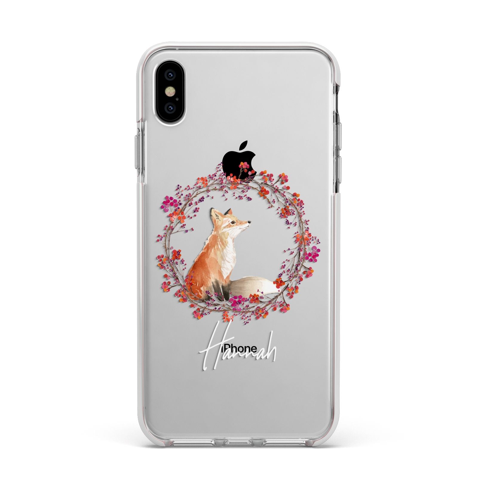 Personalised Fox Christmas Wreath Apple iPhone Xs Max Impact Case White Edge on Silver Phone