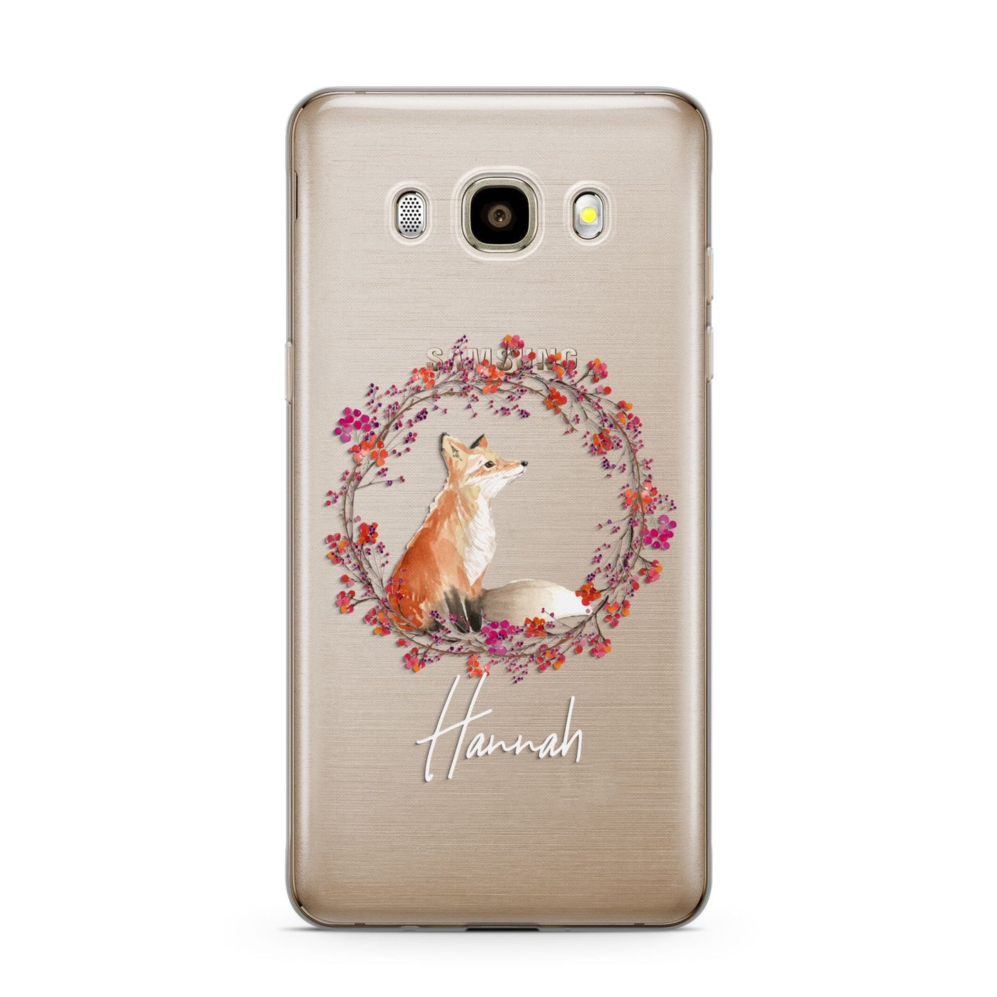 Personalised Fox Christmas Wreath Samsung Galaxy J7 2016 Case on gold phone