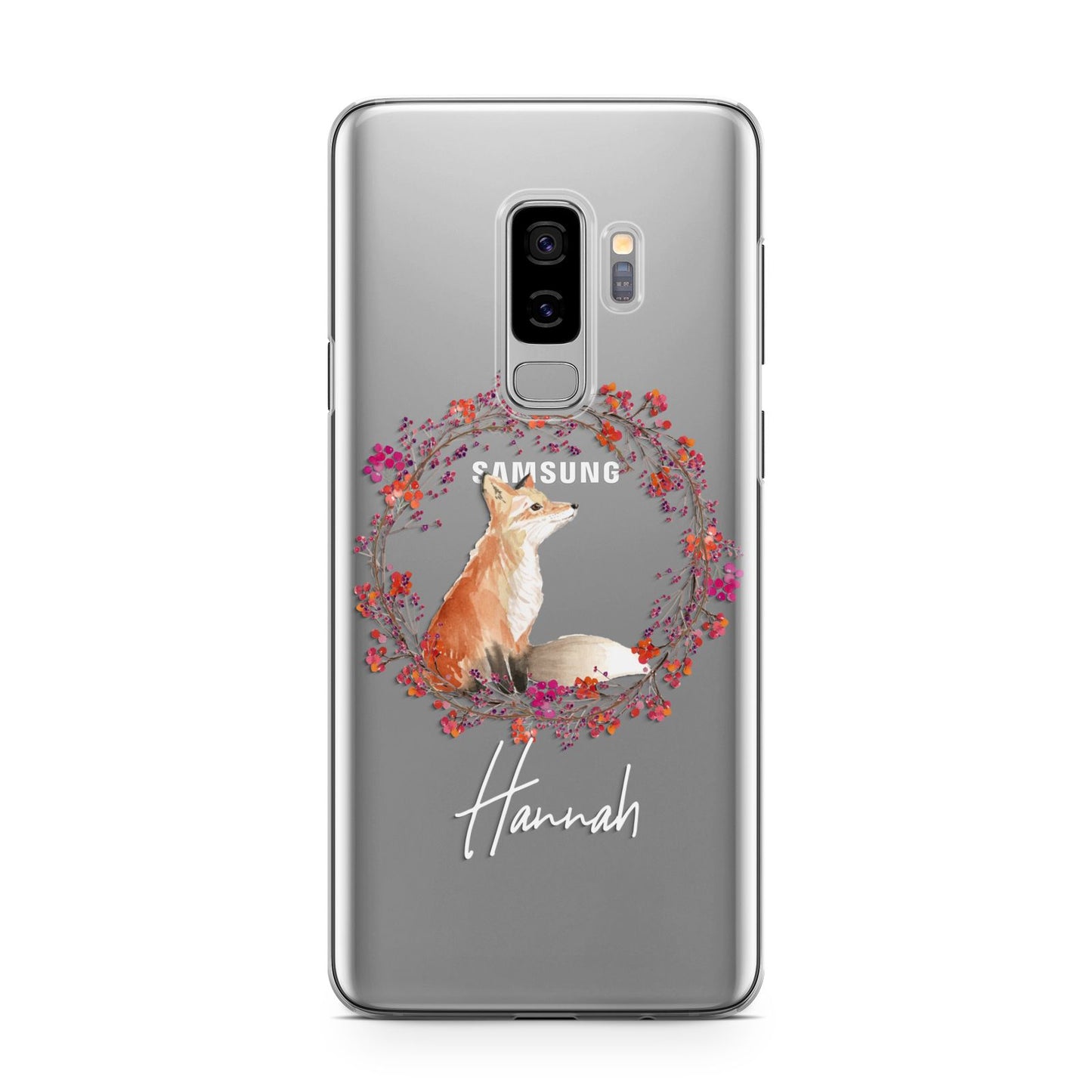 Personalised Fox Christmas Wreath Samsung Galaxy S9 Plus Case on Silver phone