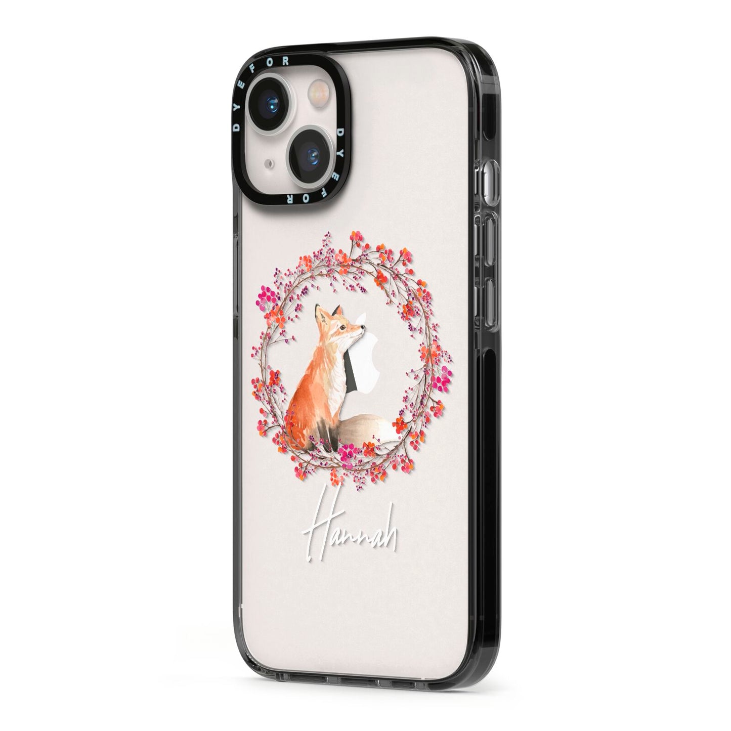 Personalised Fox Christmas Wreath iPhone 13 Black Impact Case Side Angle on Silver phone