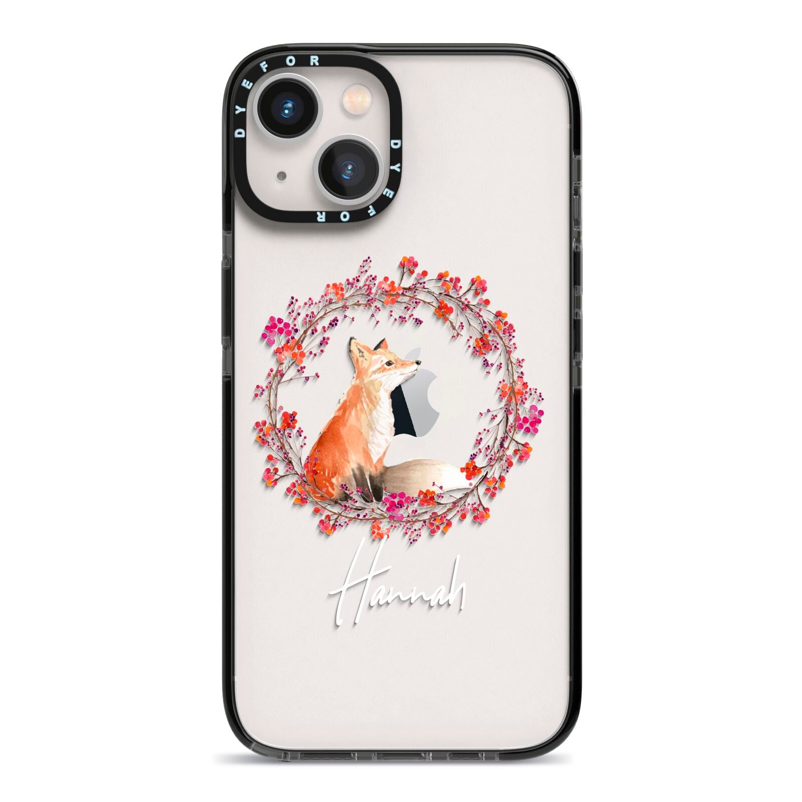 Personalised Fox Christmas Wreath iPhone 13 Black Impact Case on Silver phone