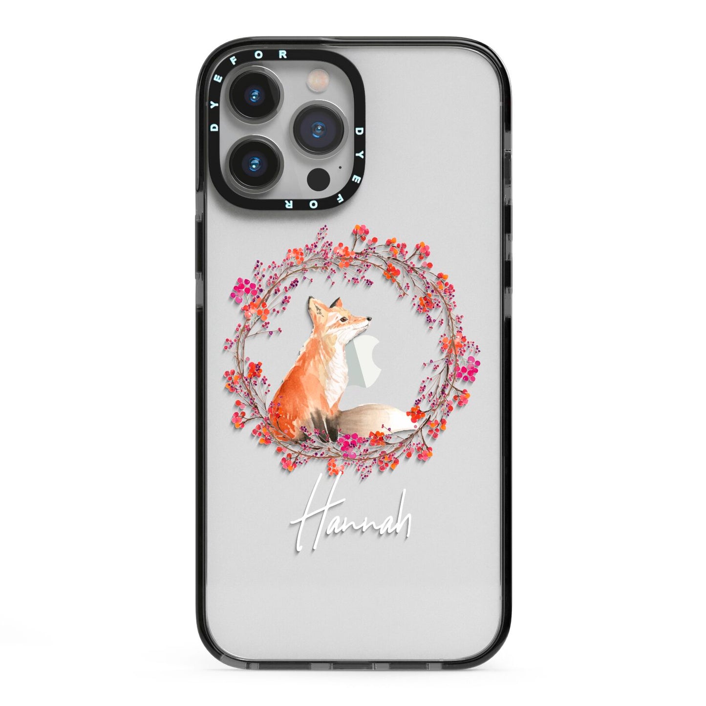 Personalised Fox Christmas Wreath iPhone 13 Pro Max Black Impact Case on Silver phone