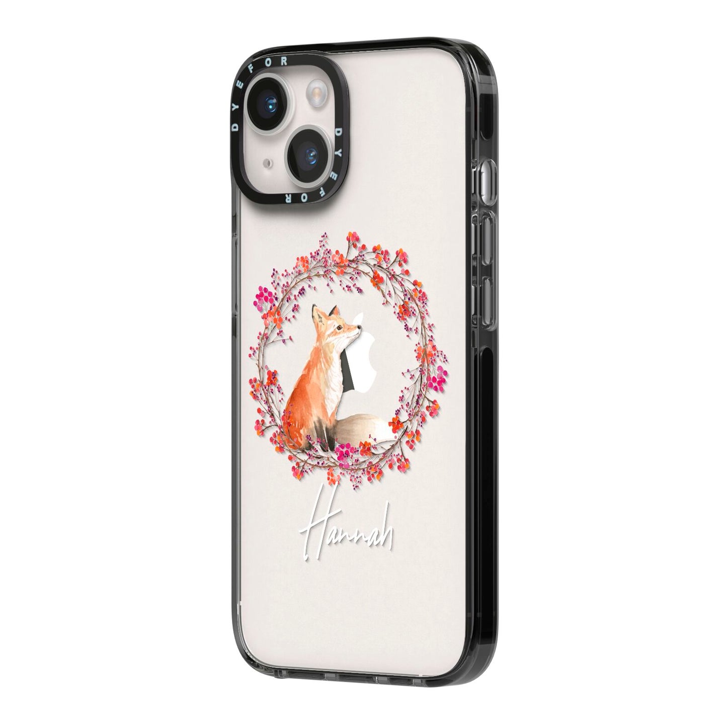 Personalised Fox Christmas Wreath iPhone 14 Black Impact Case Side Angle on Silver phone