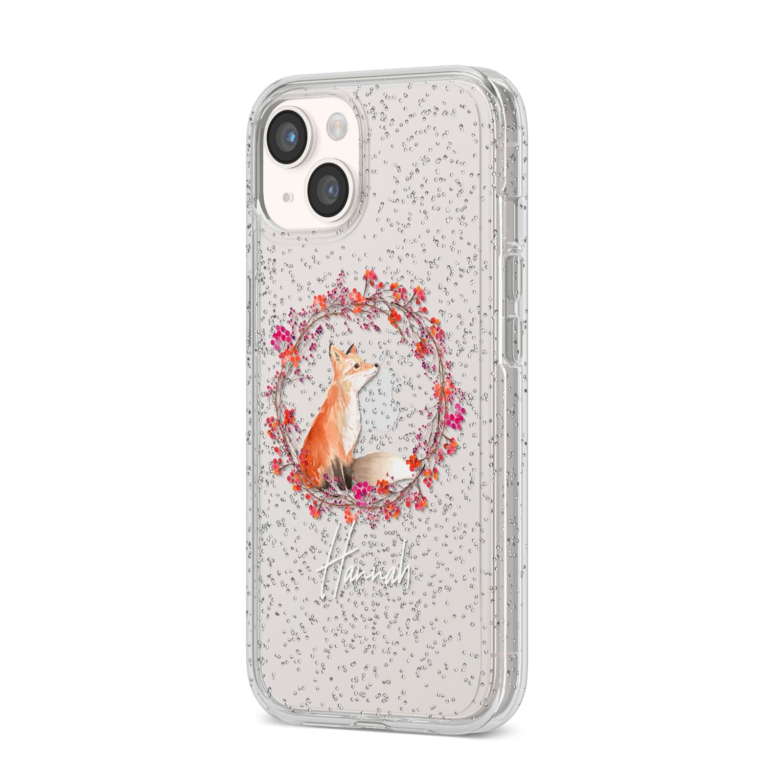Personalised Fox Christmas Wreath iPhone 14 Glitter Tough Case Starlight Angled Image