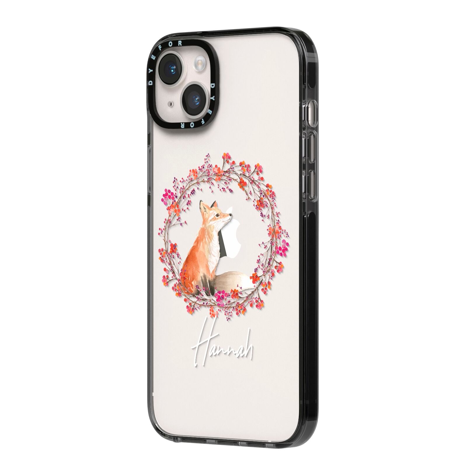 Personalised Fox Christmas Wreath iPhone 14 Plus Black Impact Case Side Angle on Silver phone