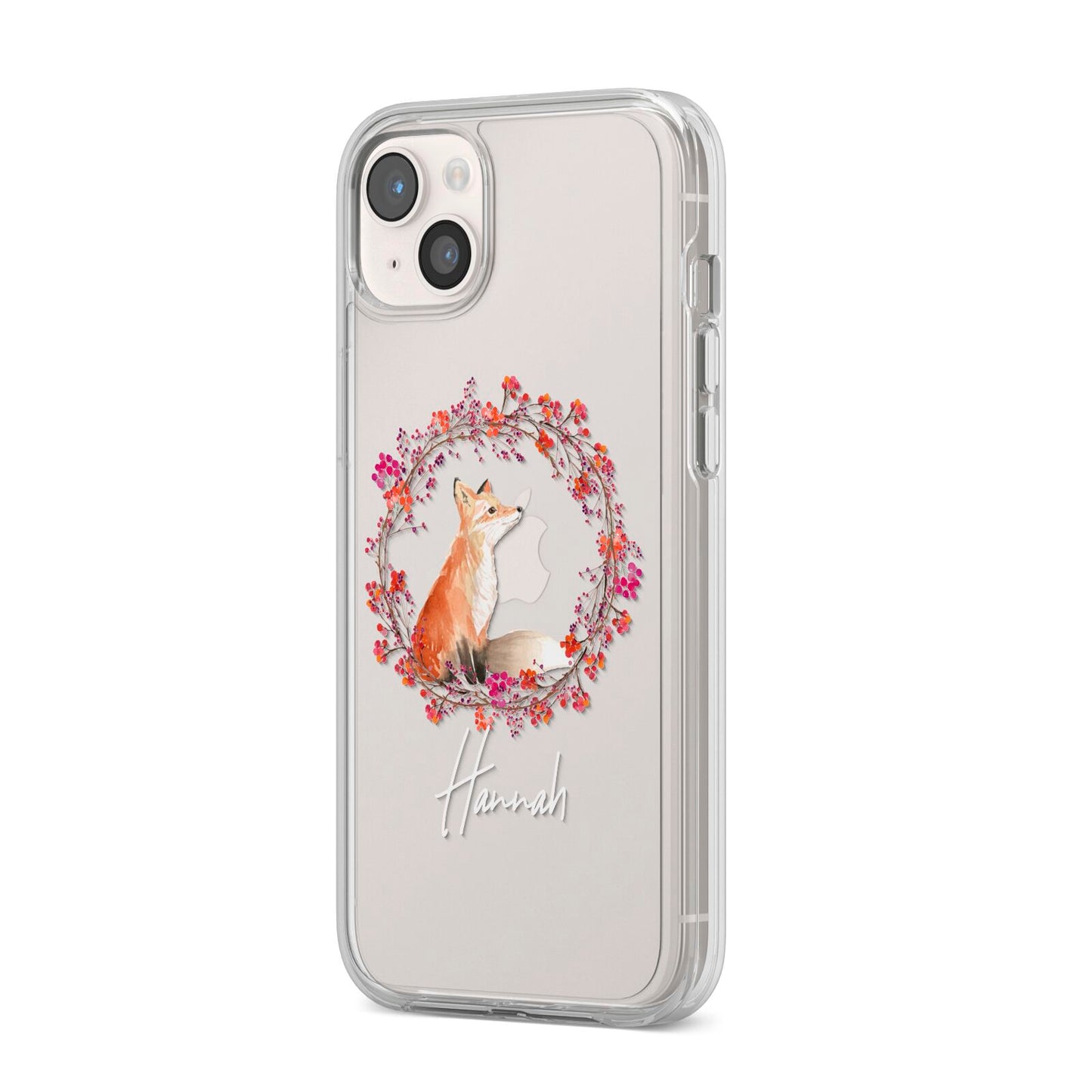 Personalised Fox Christmas Wreath iPhone 14 Plus Clear Tough Case Starlight Angled Image