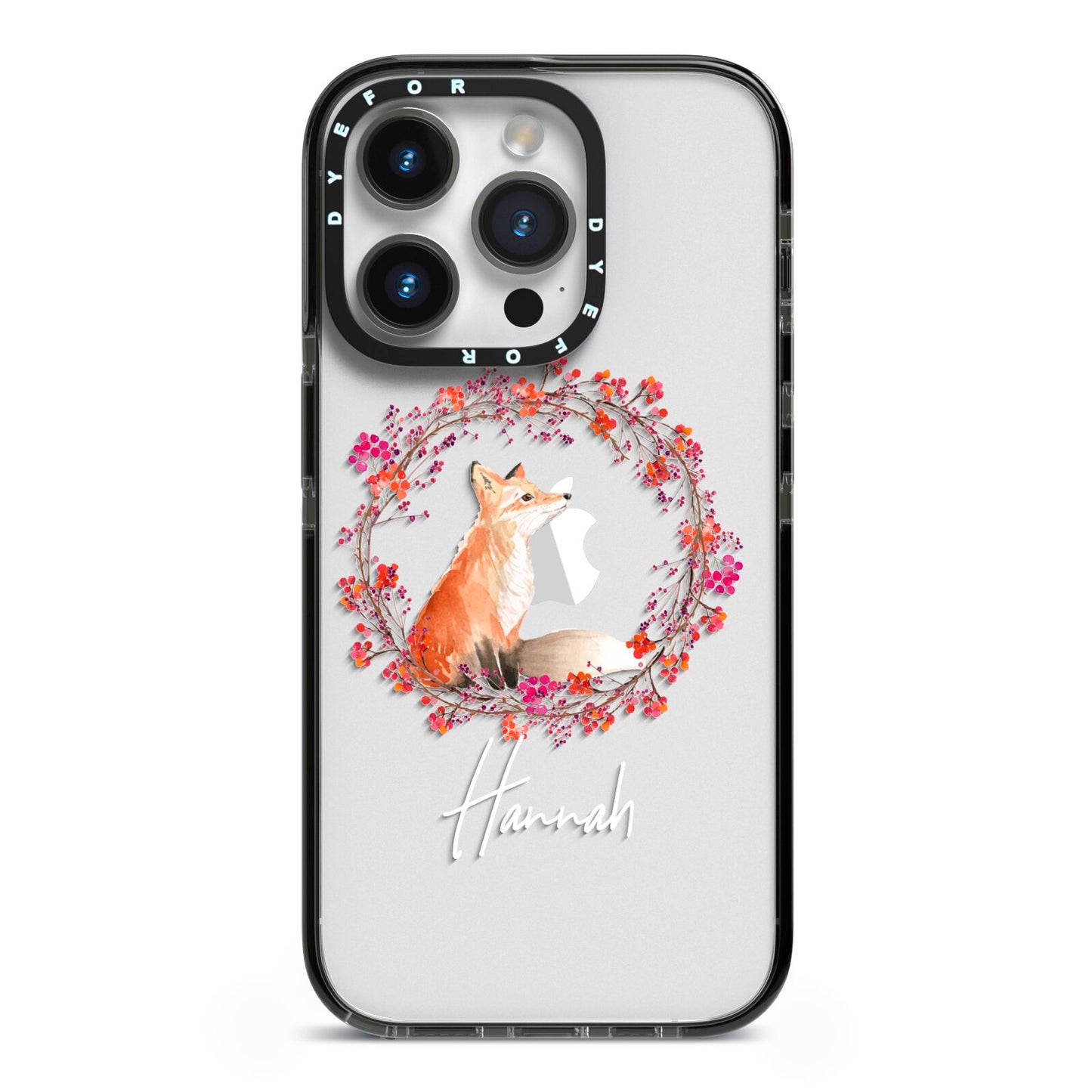 Personalised Fox Christmas Wreath iPhone 14 Pro Black Impact Case on Silver phone