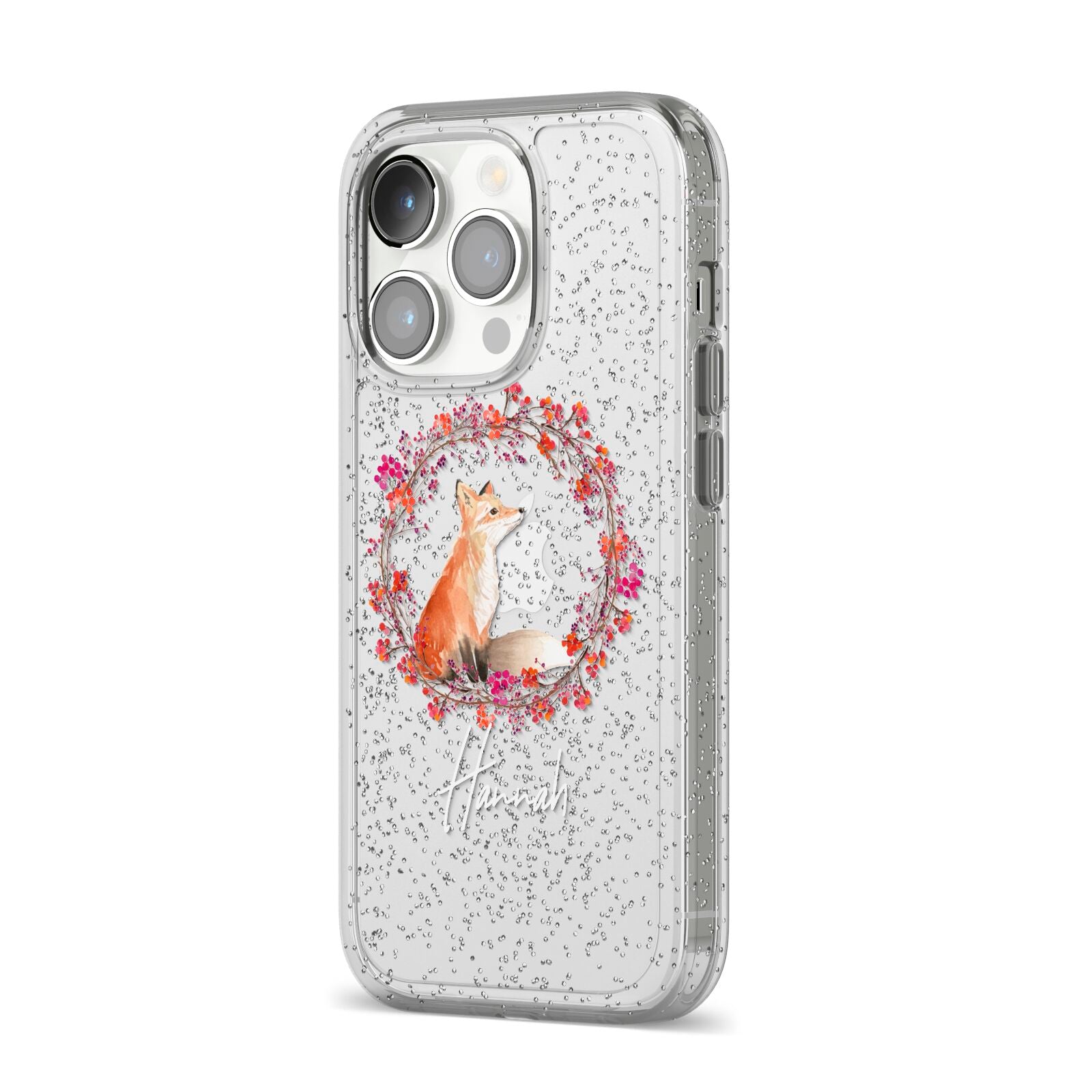 Personalised Fox Christmas Wreath iPhone 14 Pro Glitter Tough Case Silver Angled Image