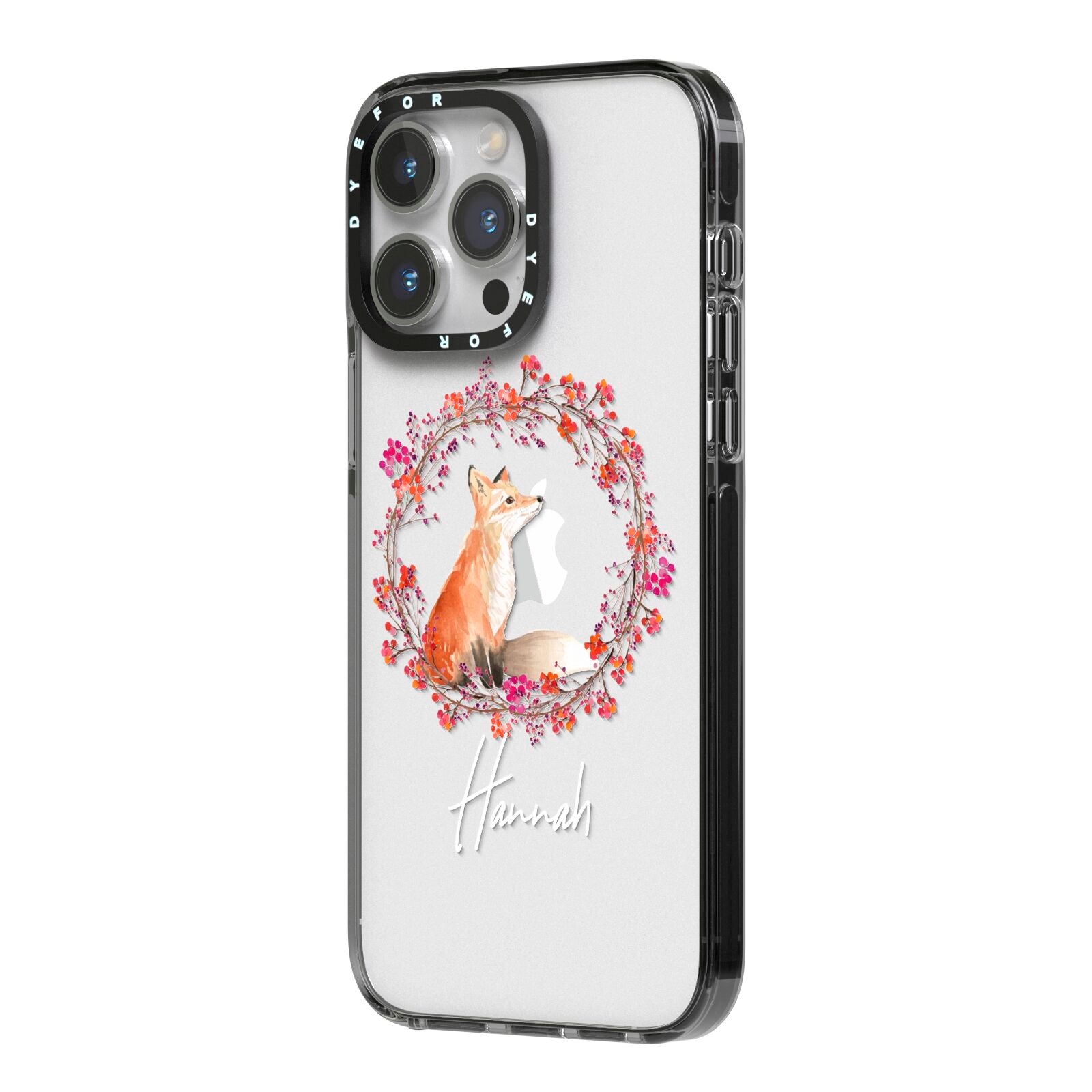 Personalised Fox Christmas Wreath iPhone 14 Pro Max Black Impact Case Side Angle on Silver phone