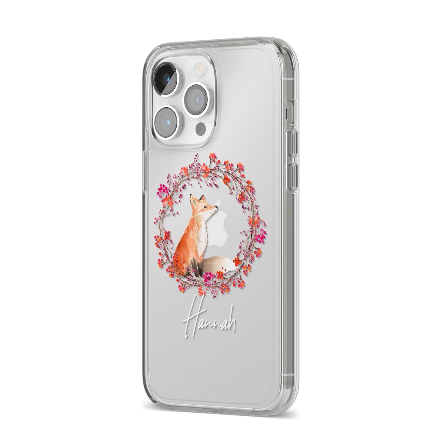 Personalised Fox Christmas Wreath iPhone 14 Pro Max Clear Tough Case Silver Angled Image