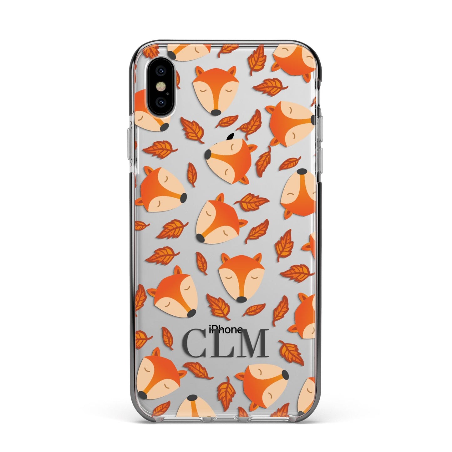 Personalised Fox Initials Apple iPhone Xs Max Impact Case Black Edge on Silver Phone