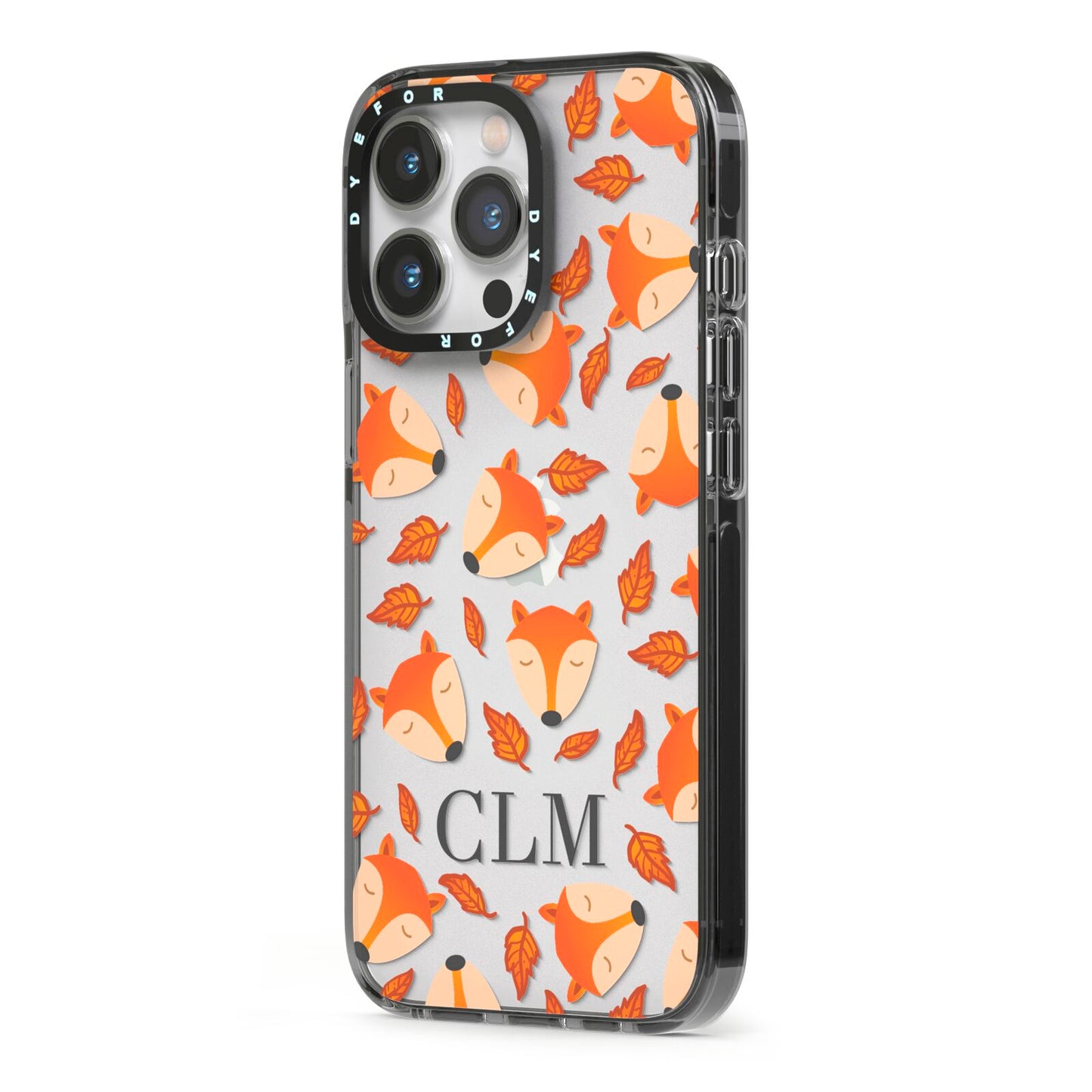 Personalised Fox Initials iPhone 13 Pro Black Impact Case Side Angle on Silver phone