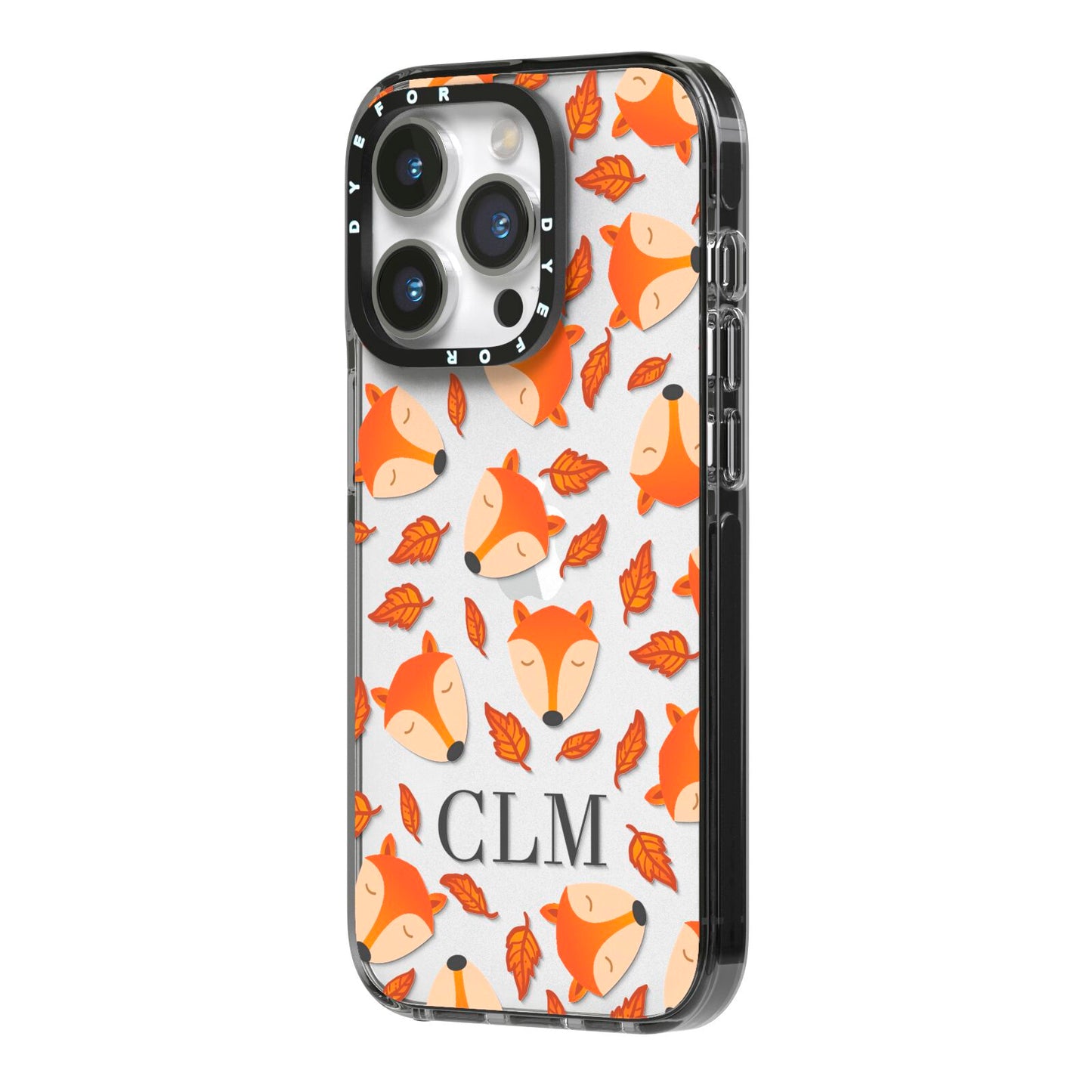 Personalised Fox Initials iPhone 14 Pro Black Impact Case Side Angle on Silver phone