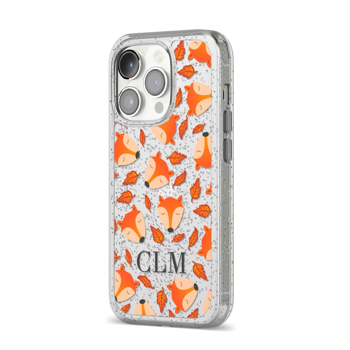 Personalised Fox Initials iPhone 14 Pro Glitter Tough Case Silver Angled Image