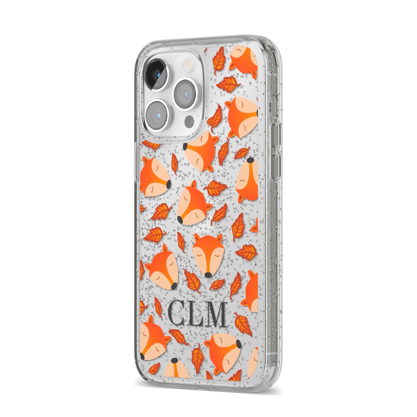 Personalised Fox Initials iPhone 14 Pro Max Glitter Tough Case Silver Angled Image