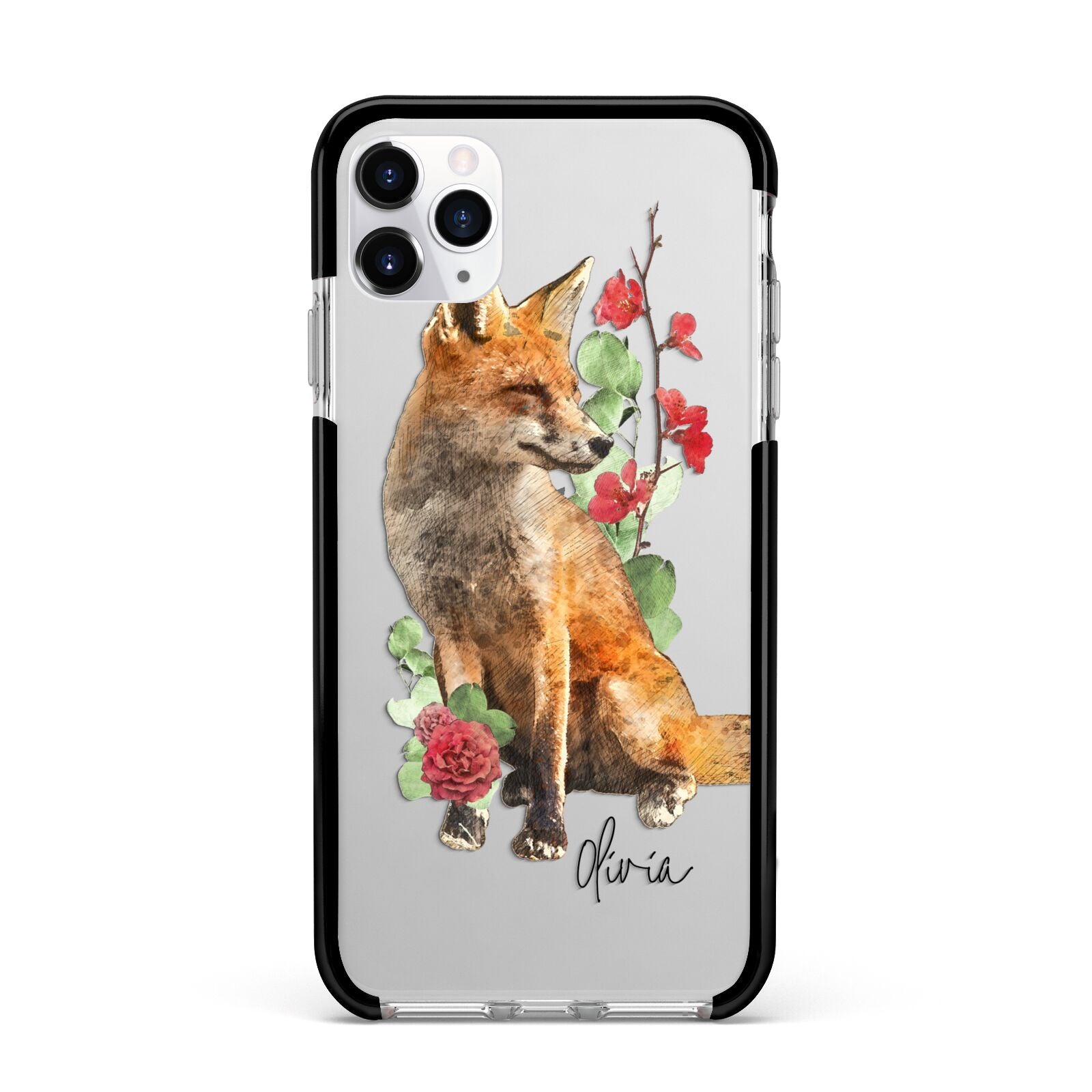 Personalised Fox Name Apple iPhone 11 Pro Max in Silver with Black Impact Case