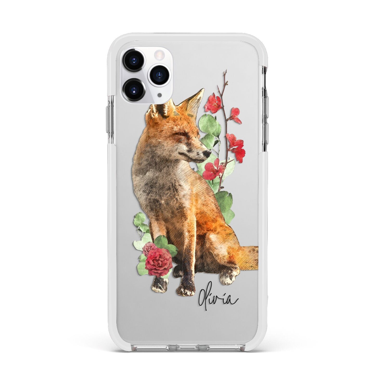 Personalised Fox Name Apple iPhone 11 Pro Max in Silver with White Impact Case