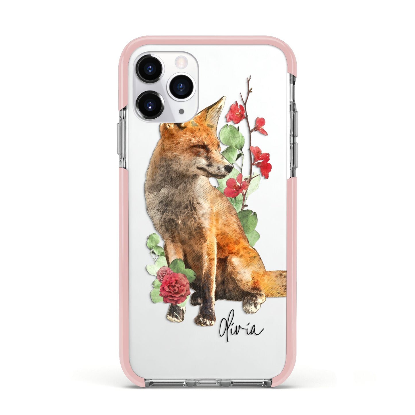 Personalised Fox Name Apple iPhone 11 Pro in Silver with Pink Impact Case