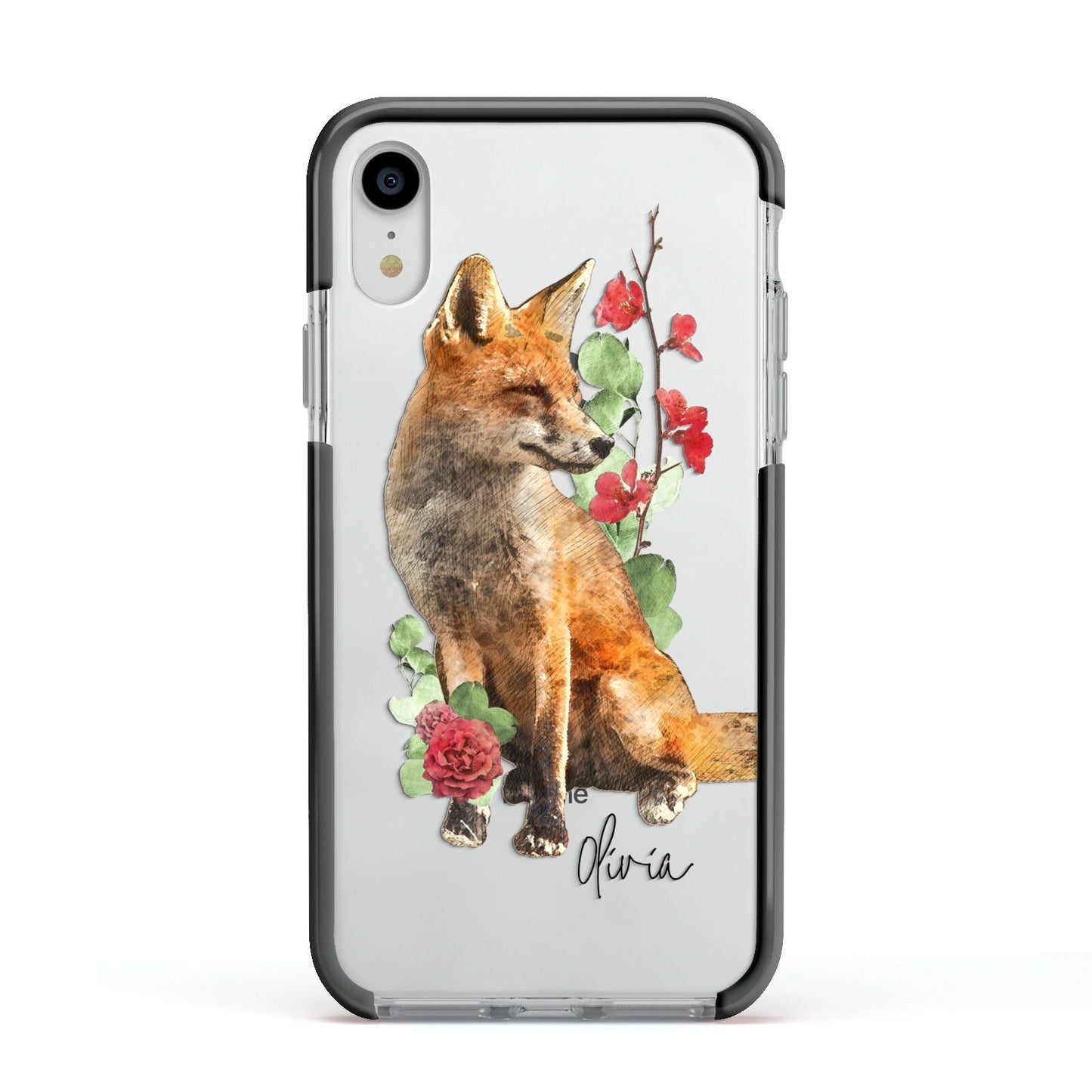 Personalised Fox Name Apple iPhone XR Impact Case Black Edge on Silver Phone