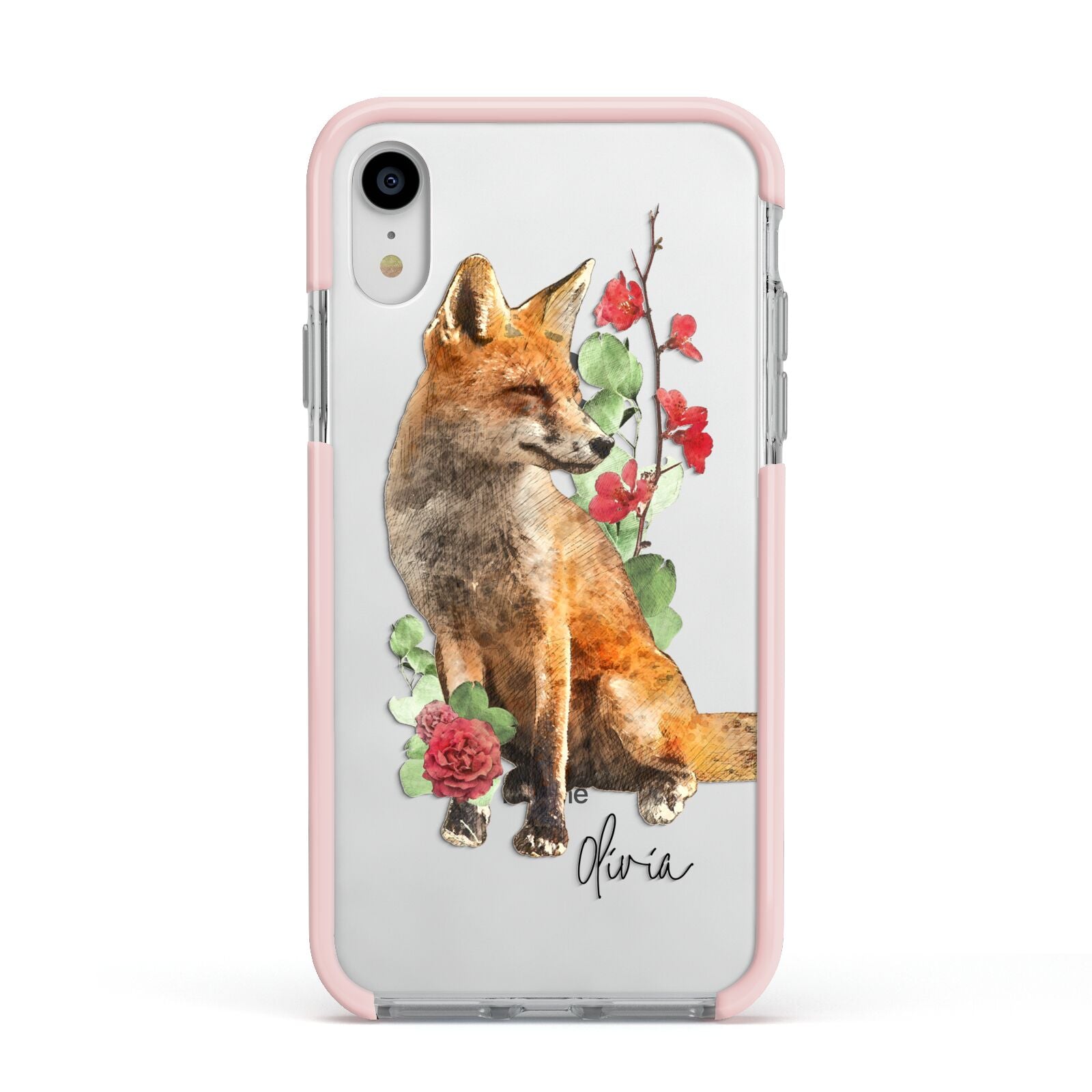 Personalised Fox Name Apple iPhone XR Impact Case Pink Edge on Silver Phone