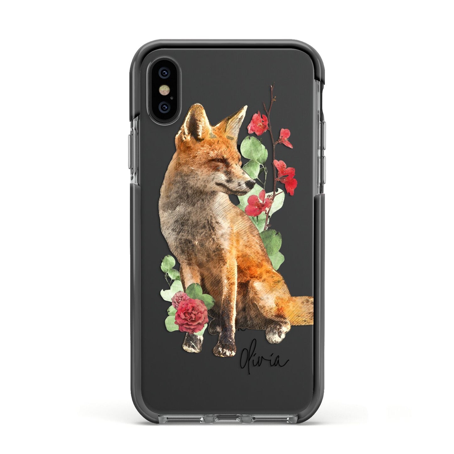 Personalised Fox Name Apple iPhone Xs Impact Case Black Edge on Black Phone
