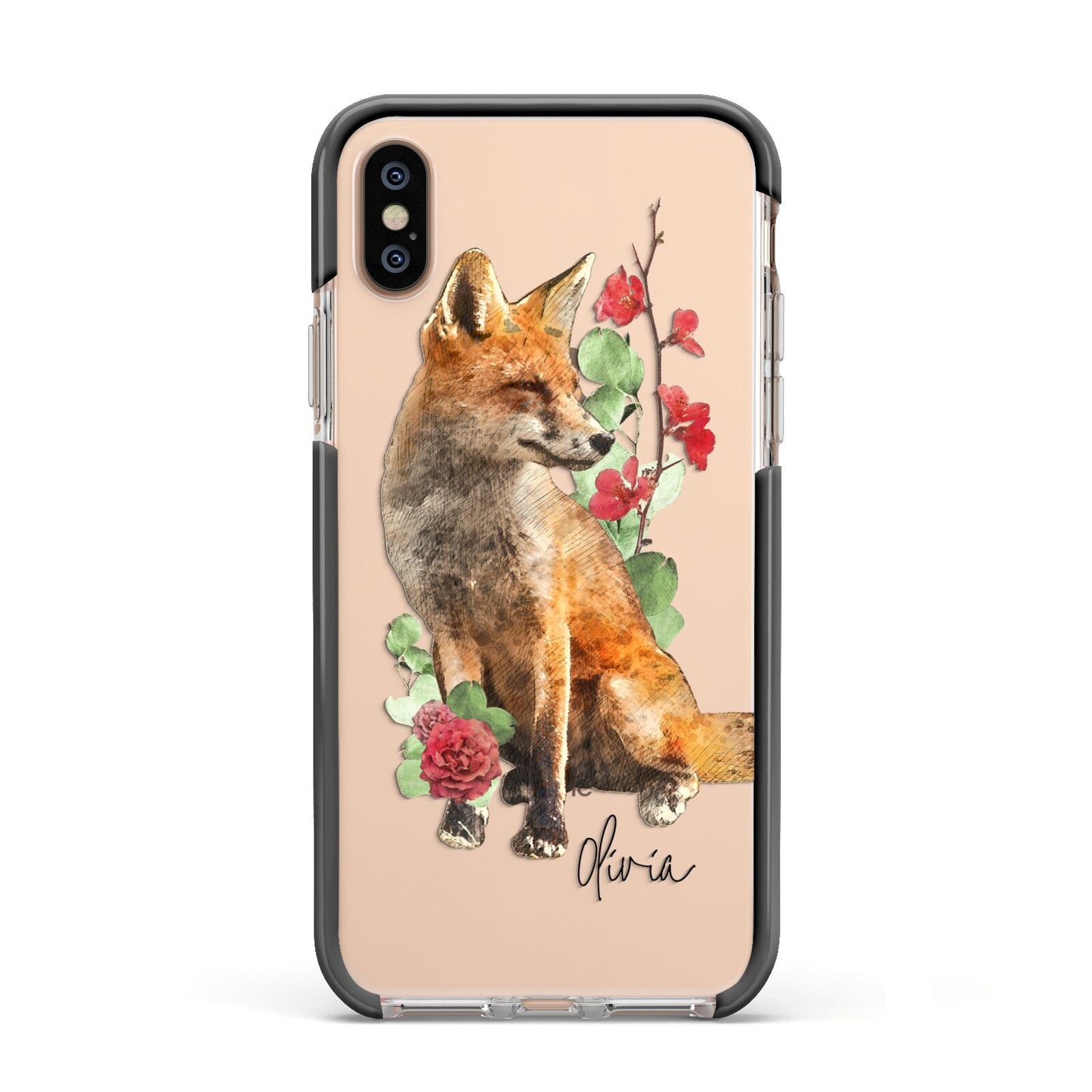 Personalised Fox Name Apple iPhone Xs Impact Case Black Edge on Gold Phone