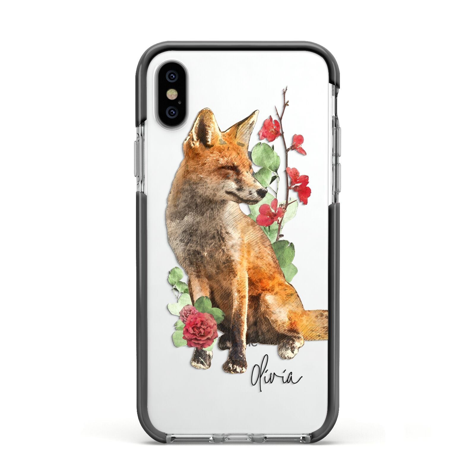 Personalised Fox Name Apple iPhone Xs Impact Case Black Edge on Silver Phone
