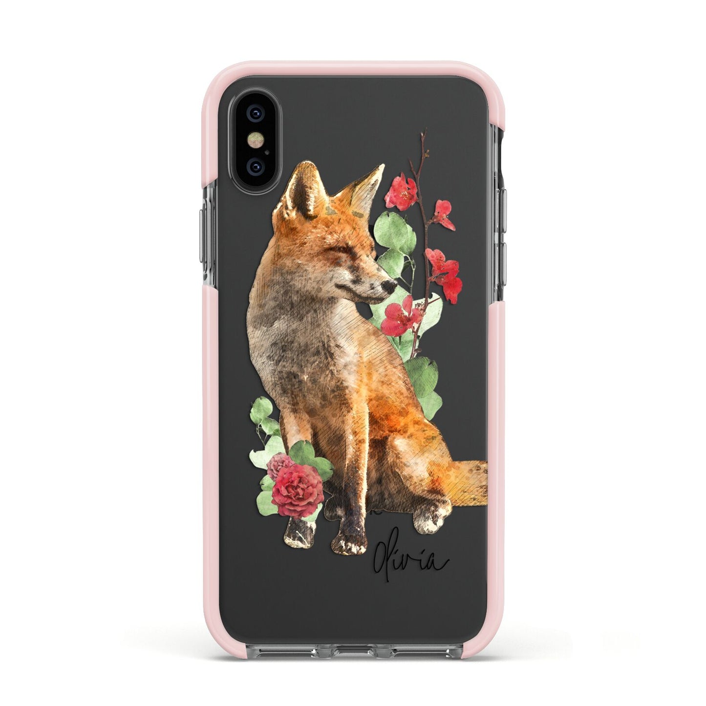 Personalised Fox Name Apple iPhone Xs Impact Case Pink Edge on Black Phone