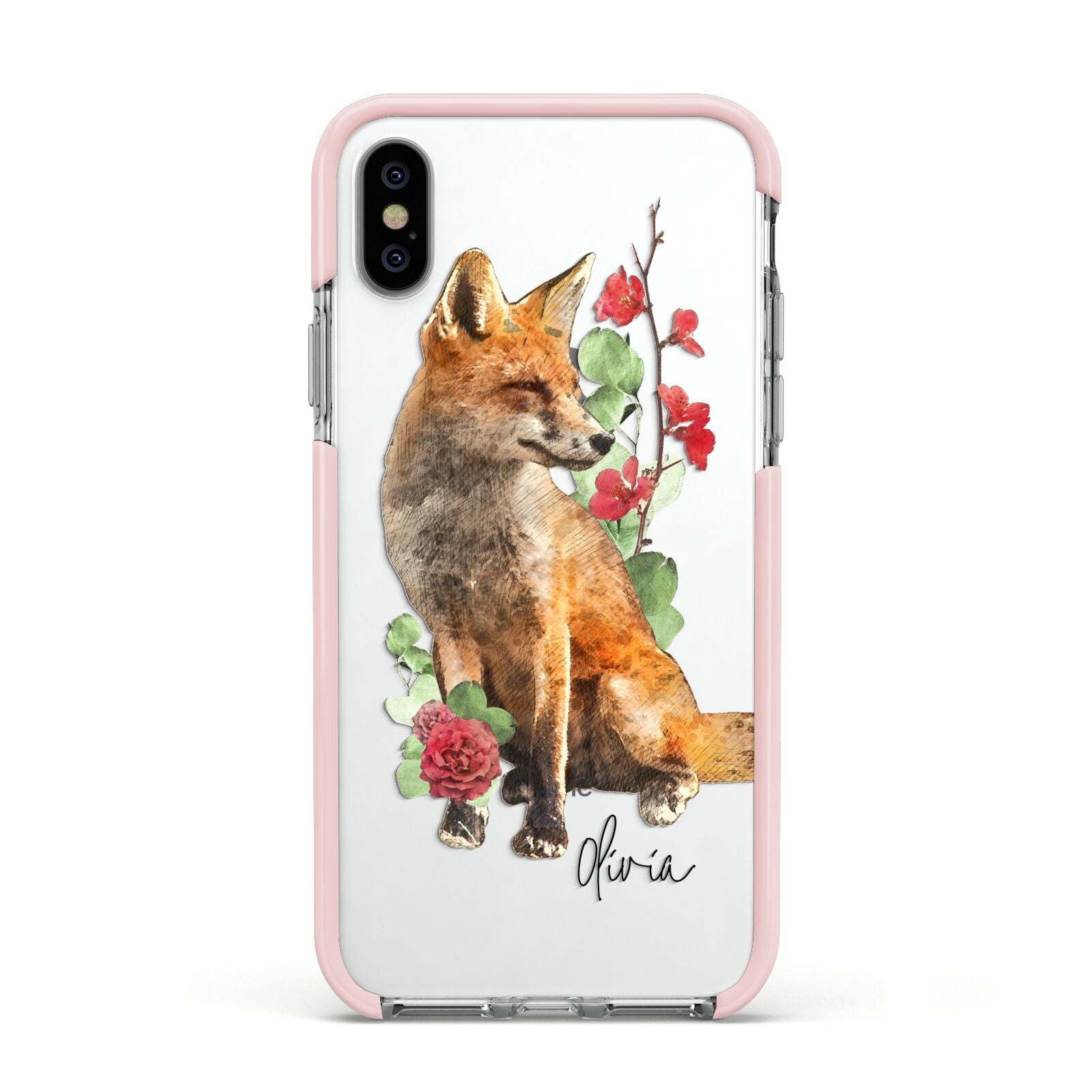 Personalised Fox Name Apple iPhone Xs Impact Case Pink Edge on Silver Phone