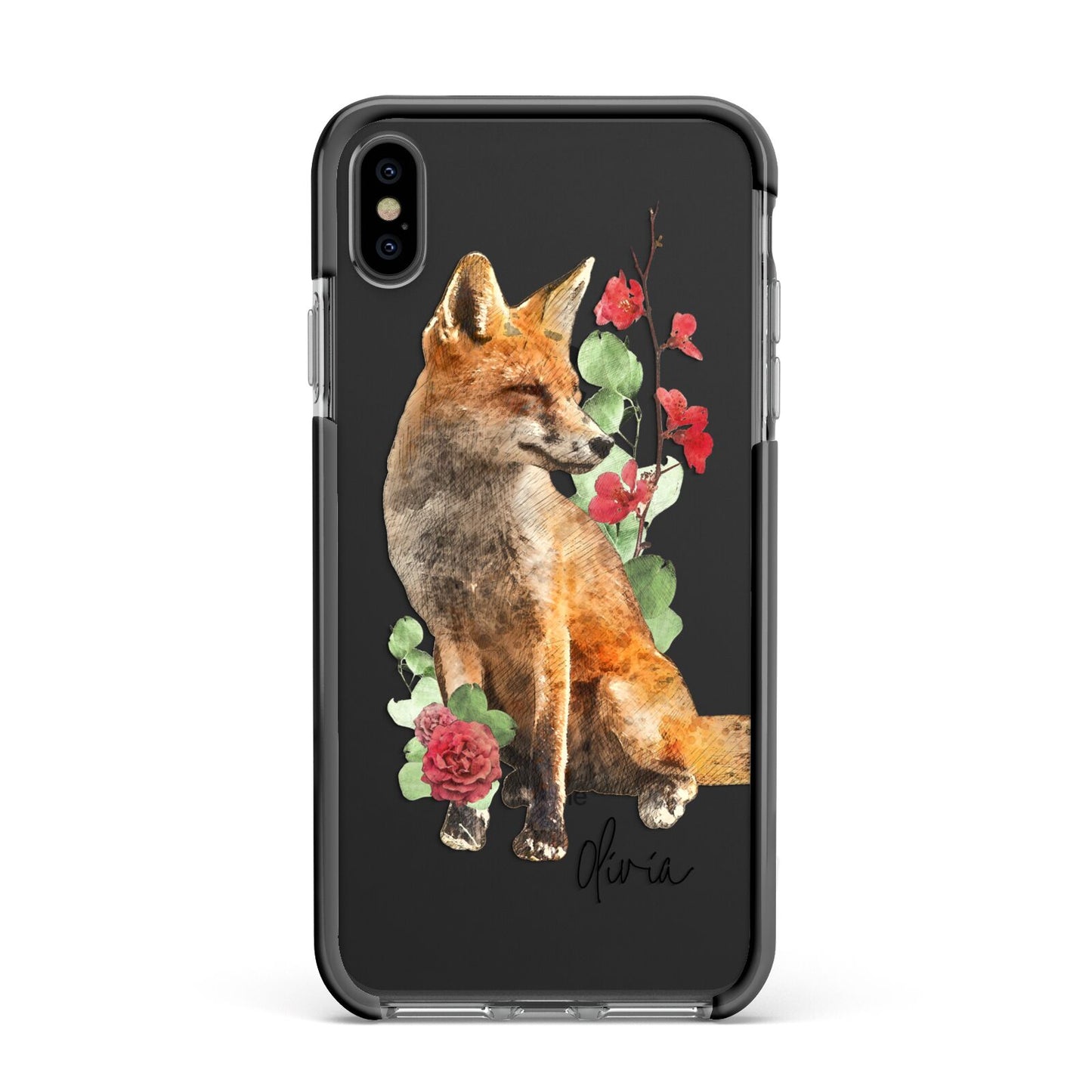Personalised Fox Name Apple iPhone Xs Max Impact Case Black Edge on Black Phone