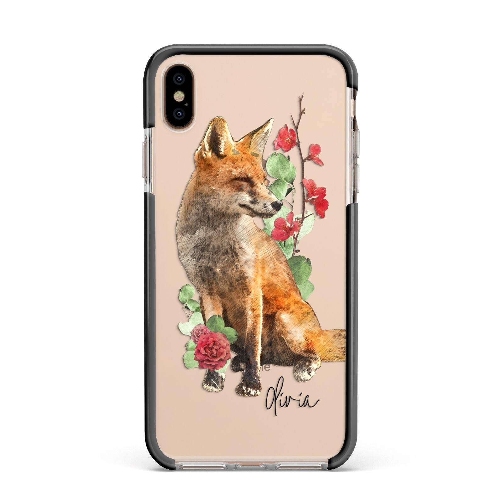 Personalised Fox Name Apple iPhone Xs Max Impact Case Black Edge on Gold Phone