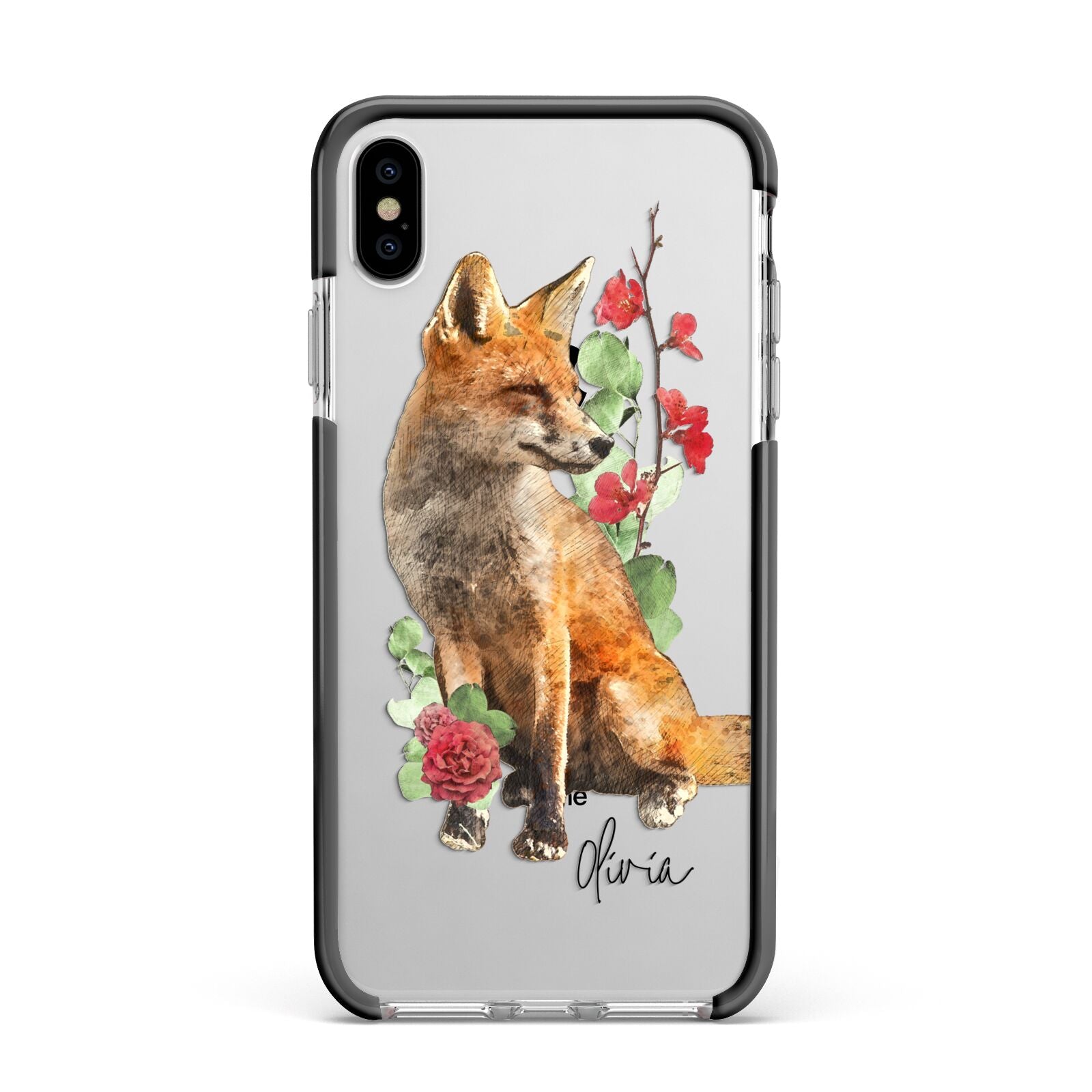 Personalised Fox Name Apple iPhone Xs Max Impact Case Black Edge on Silver Phone