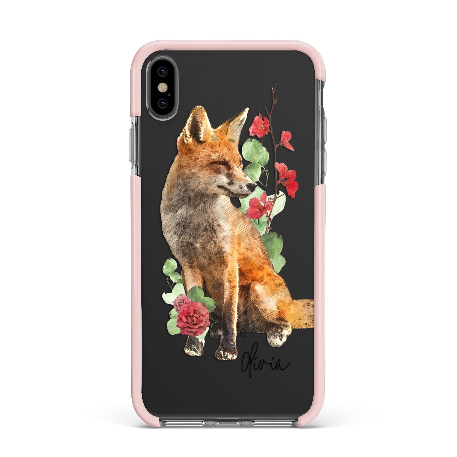 Personalised Fox Name Apple iPhone Xs Max Impact Case Pink Edge on Black Phone