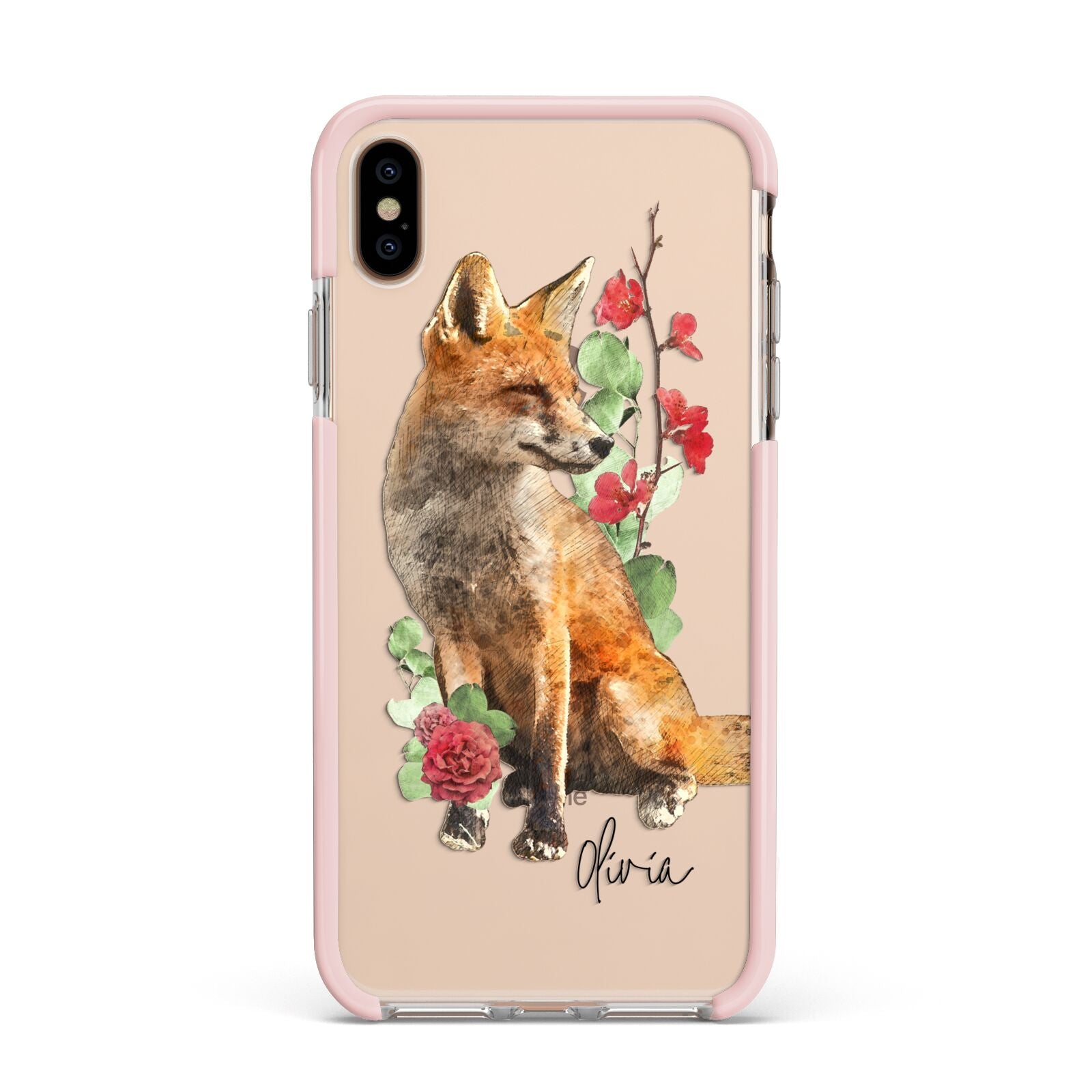 Personalised Fox Name Apple iPhone Xs Max Impact Case Pink Edge on Gold Phone
