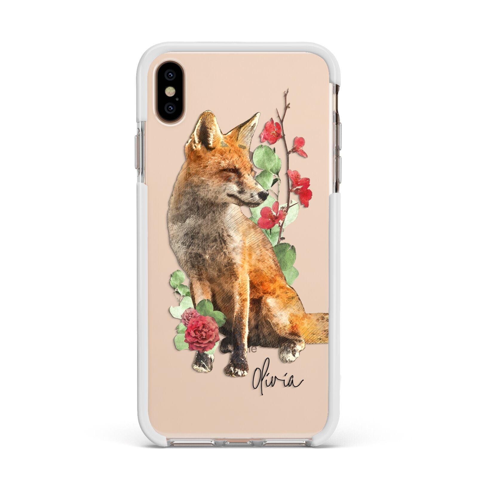 Personalised Fox Name Apple iPhone Xs Max Impact Case White Edge on Gold Phone