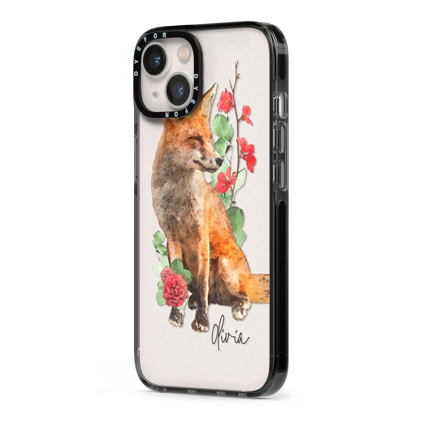 Personalised Fox Name iPhone 13 Black Impact Case Side Angle on Silver phone